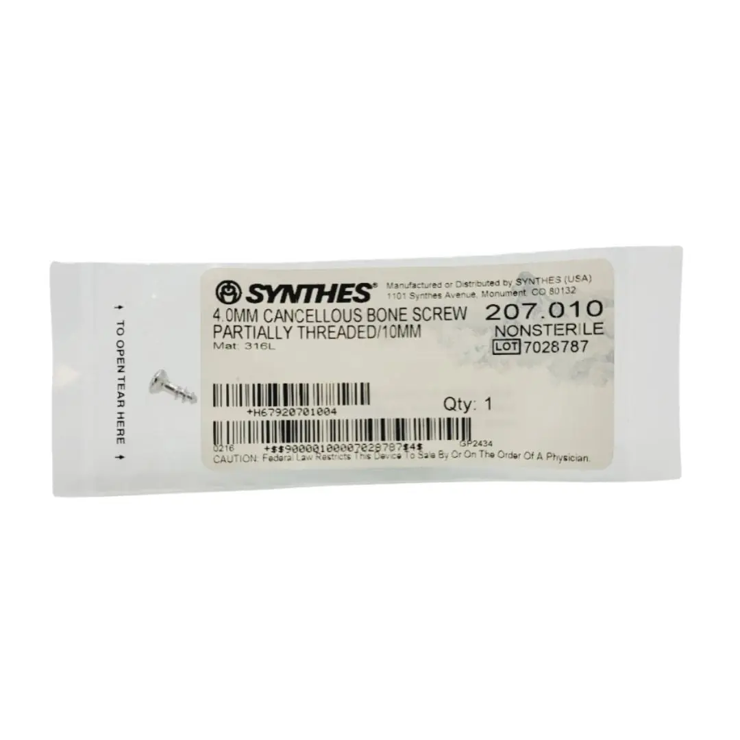 Synthes 207.010 4.0mm Cancellous Bone Screw Partially Threaded/10mm