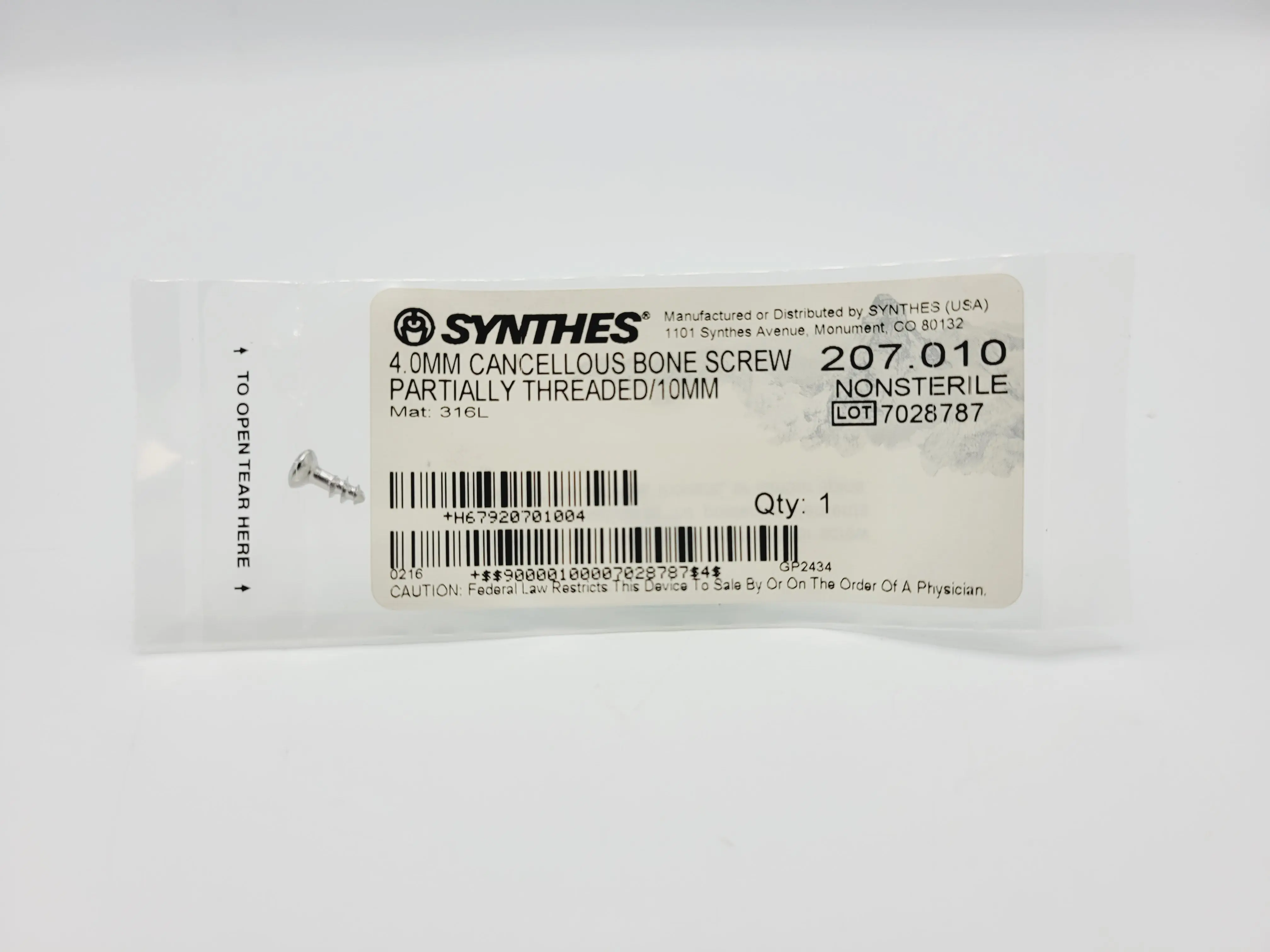 Synthes 207.010 4.0mm Cancellous Bone Screw Partially Threaded/10mm - Image 2