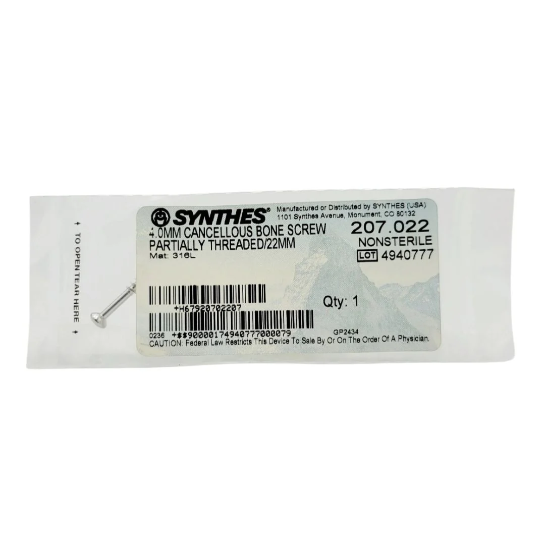 Synthes 207.022 4.0mm Cancellous Bone Screw Partially Threaded/22mm
