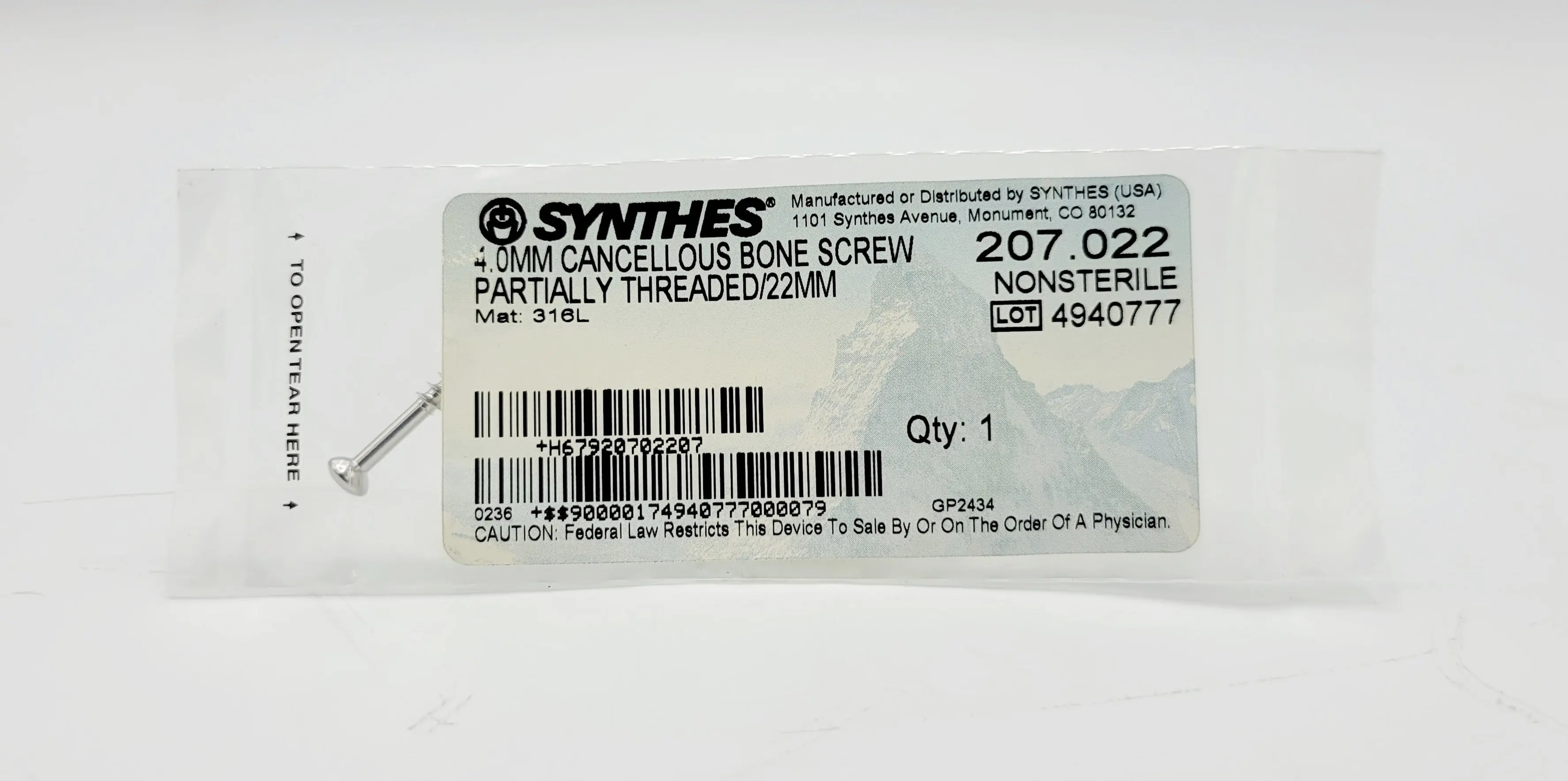 Synthes 207.022 4.0mm Cancellous Bone Screw Partially Threaded/22mm - Image 2