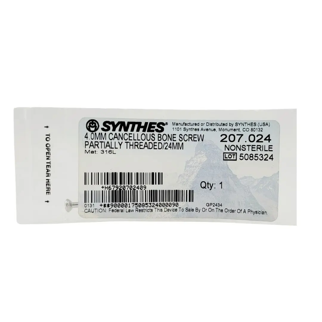 Synthes 207.024 4.0mm Cancellous Bone Screw Partially Threaded 24mm