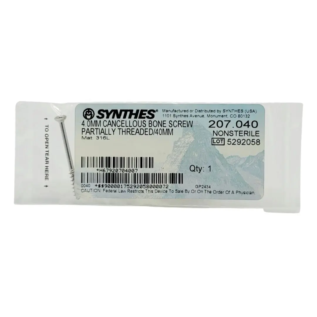 Synthes 207.040 4.0MM Cancellous Bone Screw Partially Threaded/40MM
