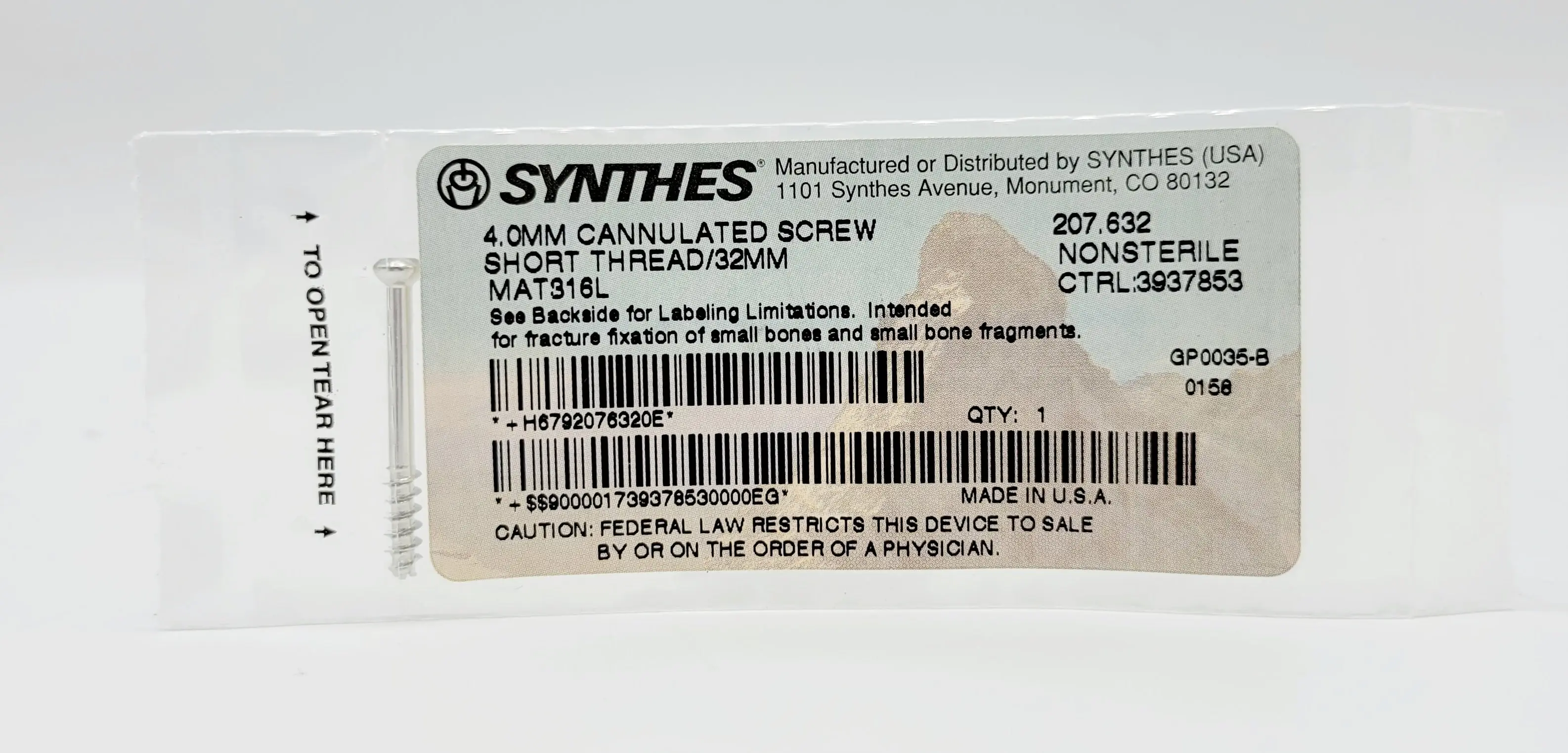 Synthes 207.632 4.0mm Cannulated Screw Short Thread/32mm - Image 2