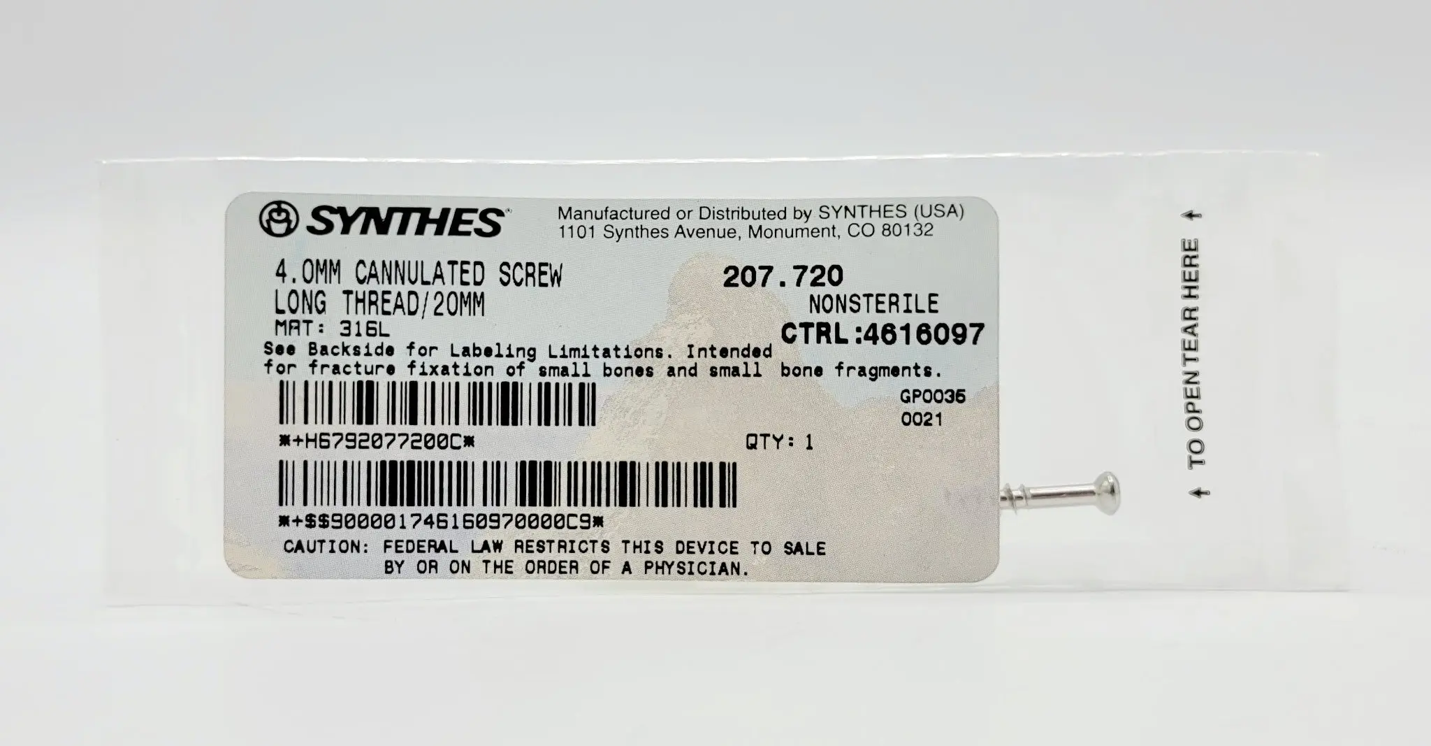 Synthes 207.720 4.0mm Cannulated Screw Long Thread 20mm - Image 2