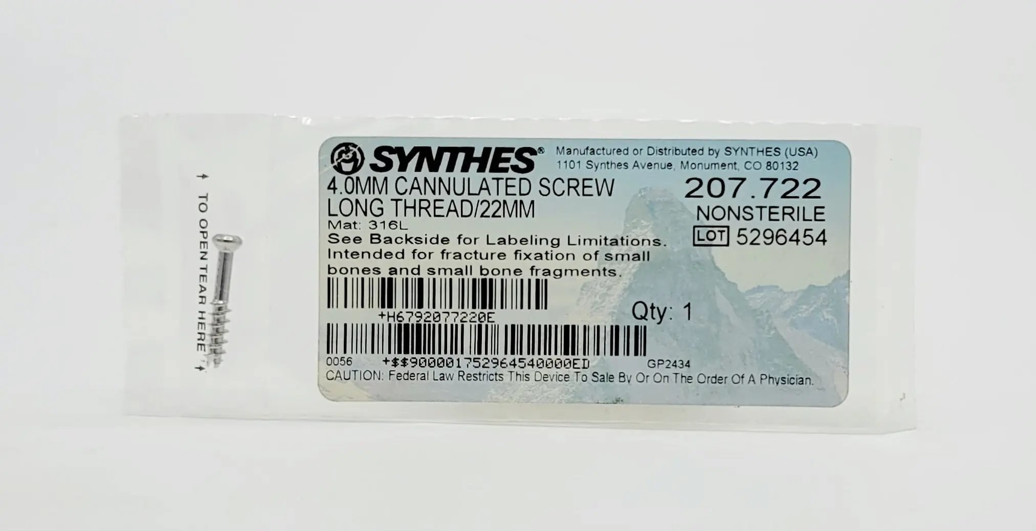 Synthes 207.722 4.0mm Cannulated Screw Long Thread 22mm - Image 2
