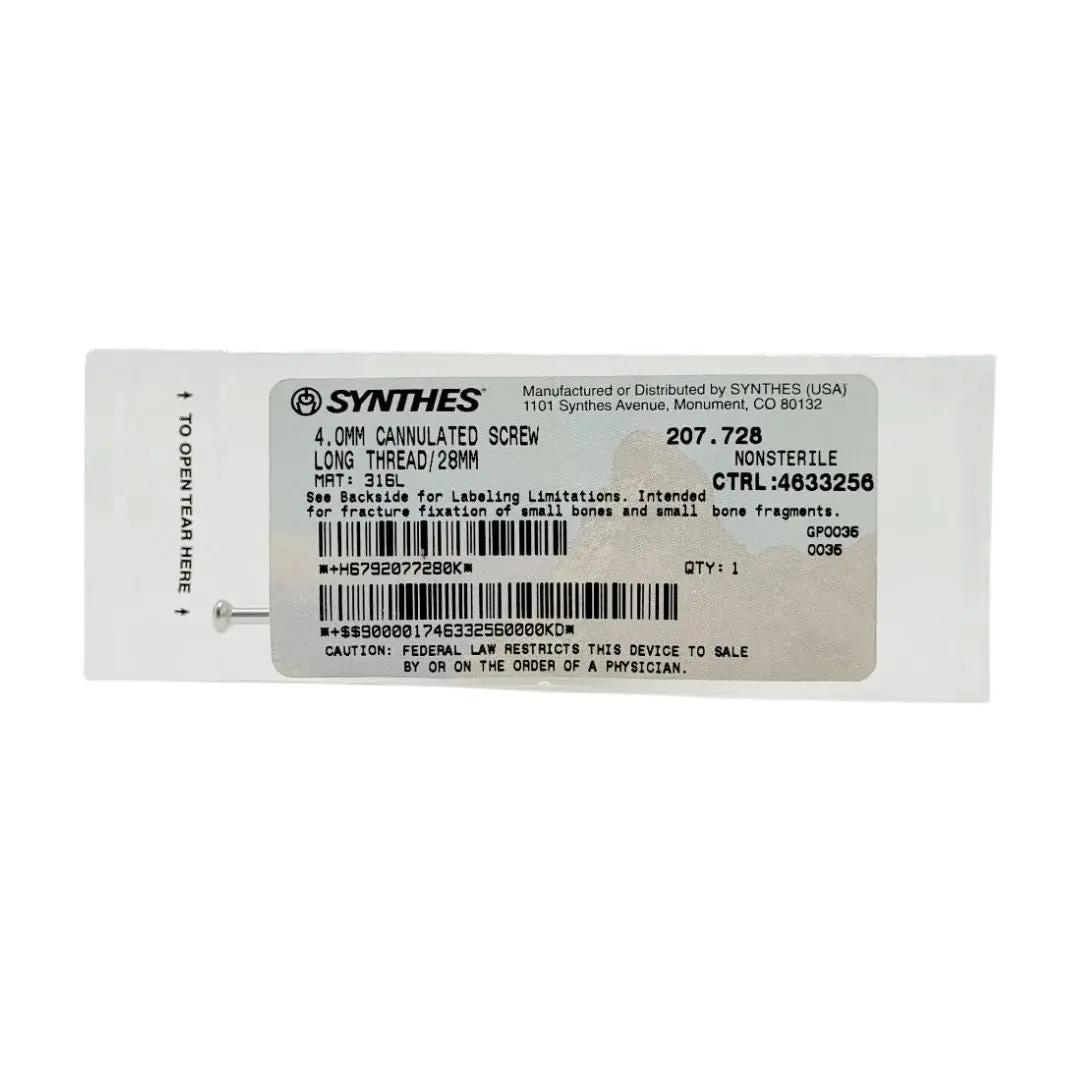 Synthes 207.728 4.0mm Cannulated Screw Long Thread/28mm