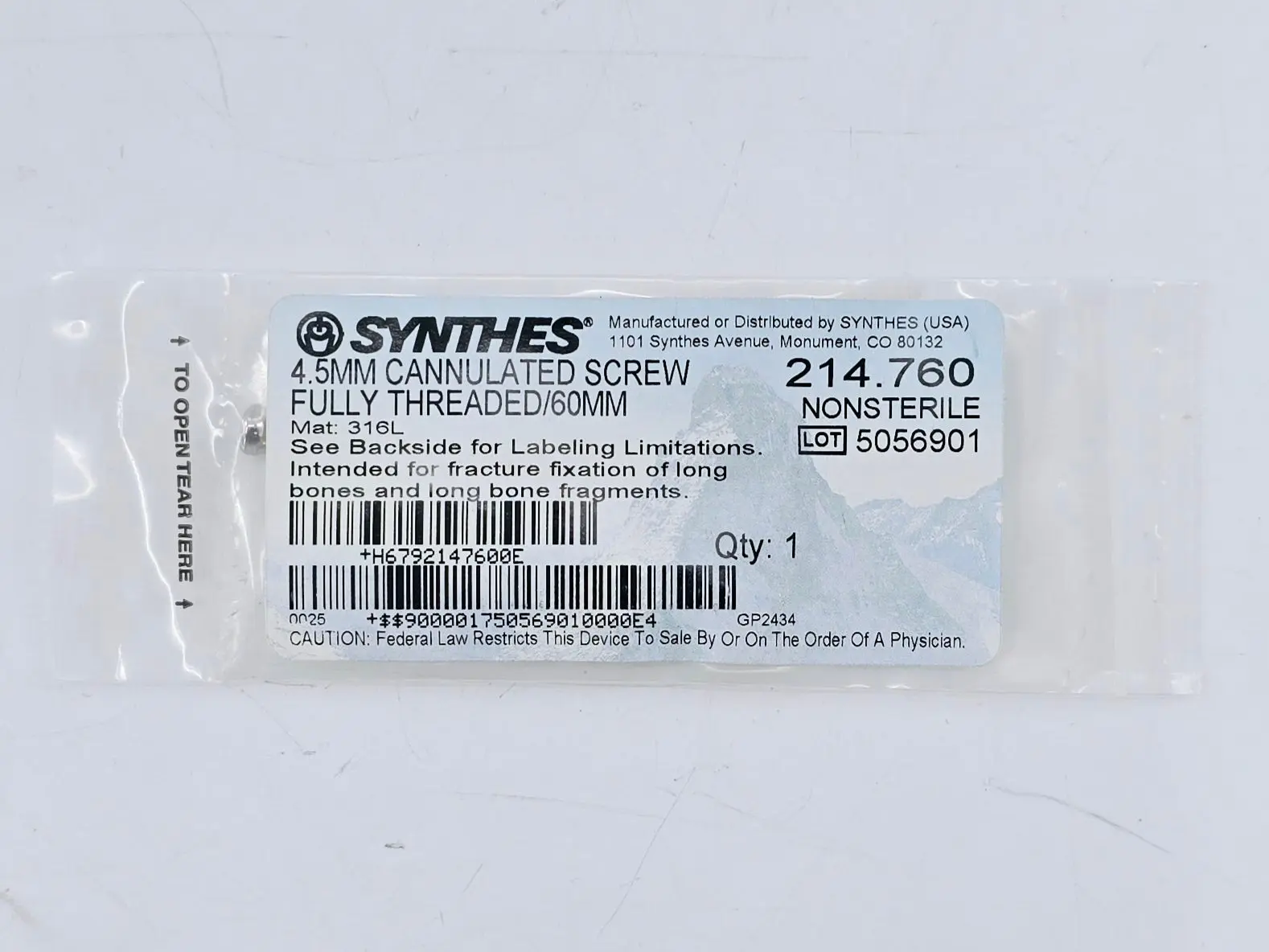 Synthes 214.760 4.5mm Cannulated Screw Fully Threaded/60mm - Image 2