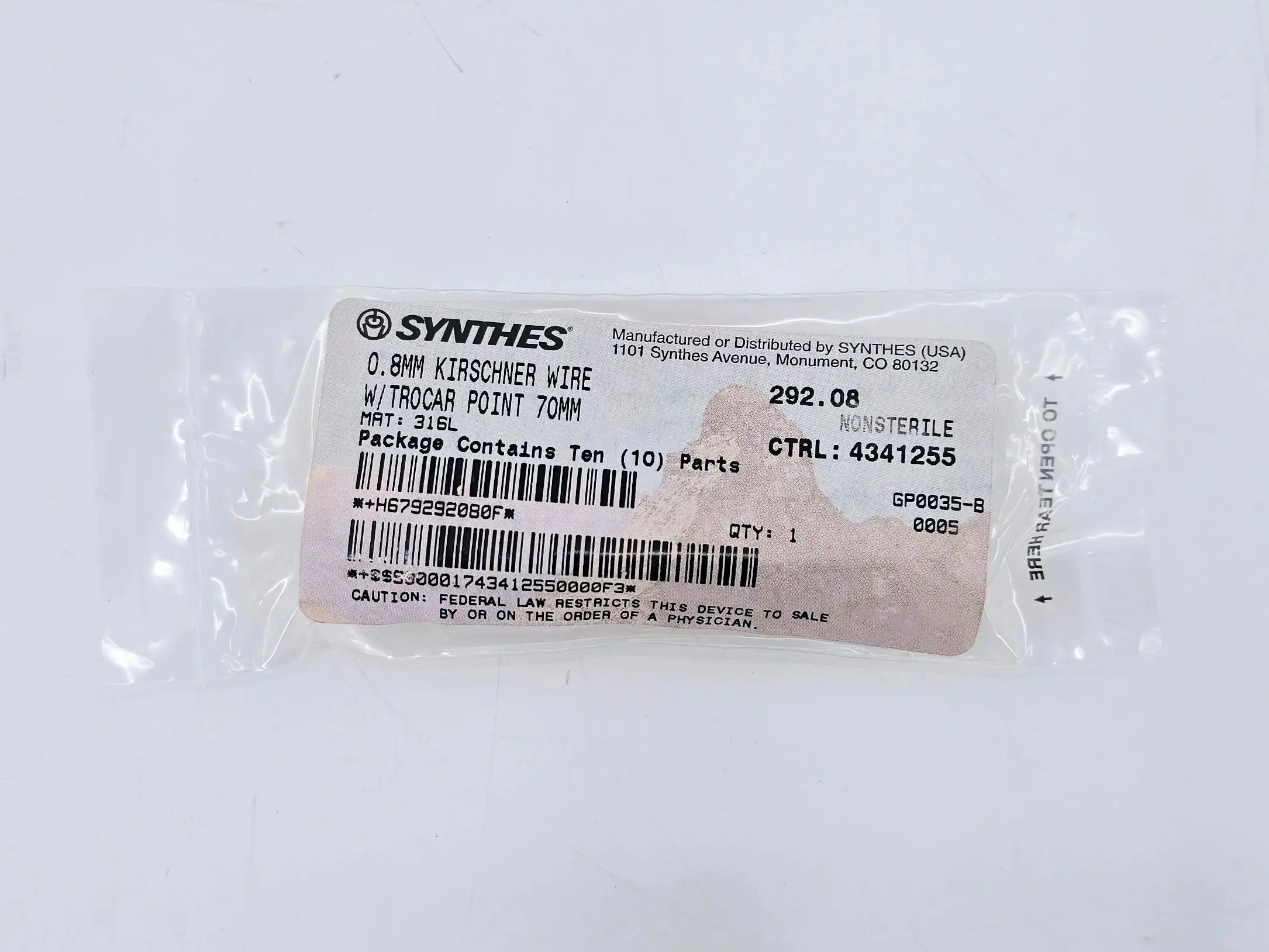 Synthes 292.08 0.8mm Kirschner Wire w/ Trocar Point 70mm 10/PK - Image 2