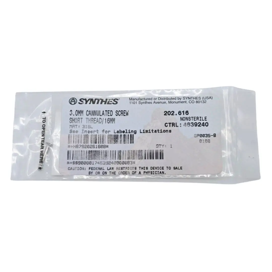 Synthes 202.616 3.0mm Cannulated Screw Short Thread/16mm