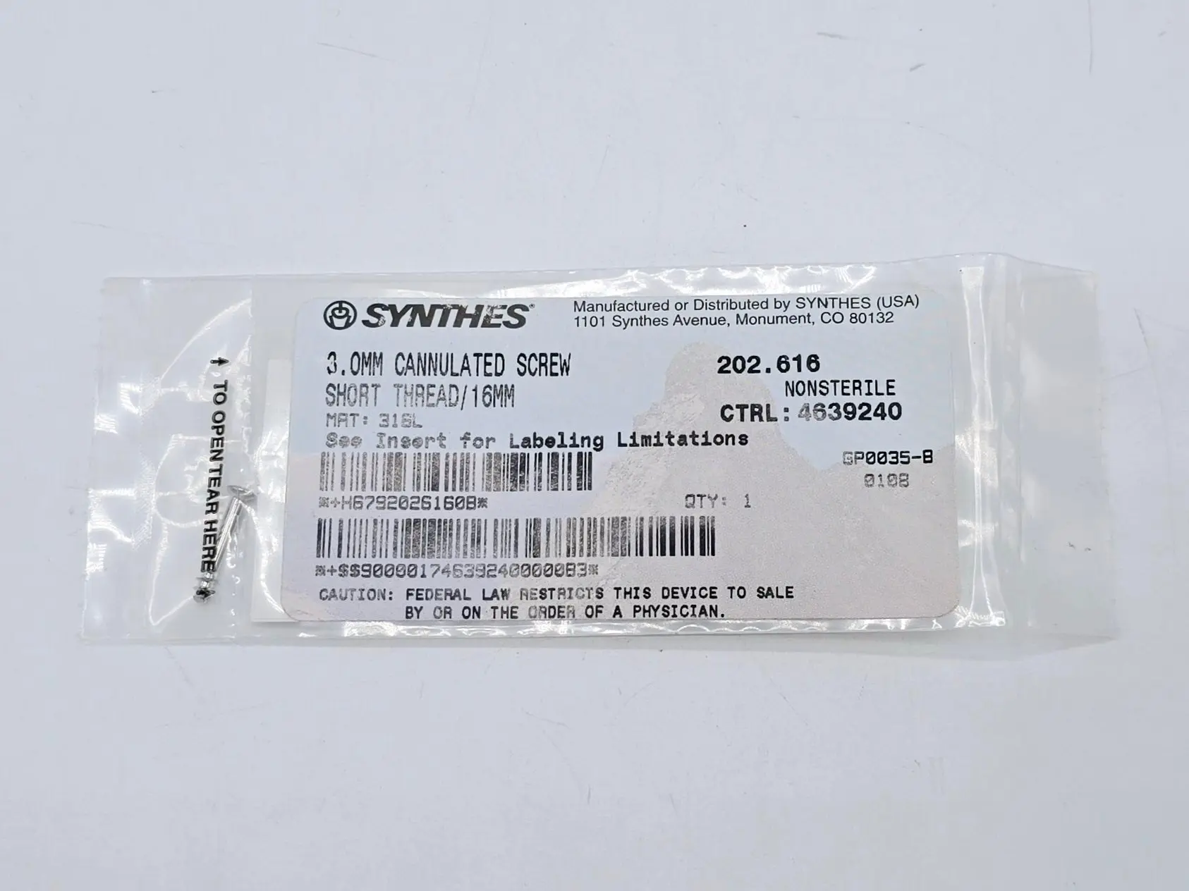 Synthes 202.616 3.0mm Cannulated Screw Short Thread/16mm - Image 2