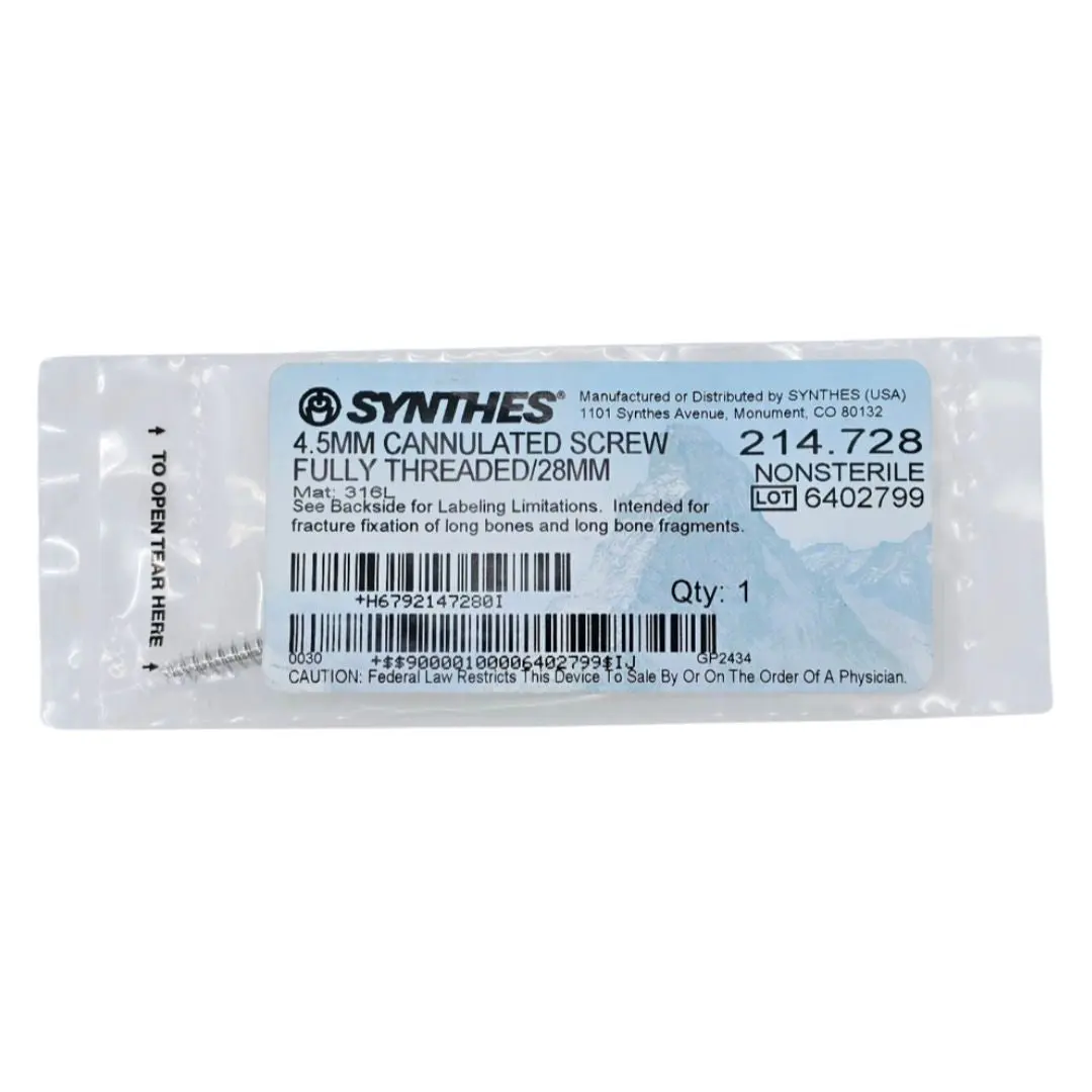 Synthes 214.728 4.5mm Cannulated Screw Fully Threaded/28mm