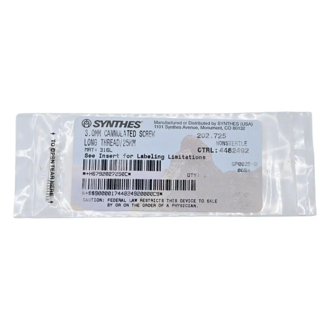 Synthes 202.725 3.0mm Cannulated Screw Long Thread/25mm