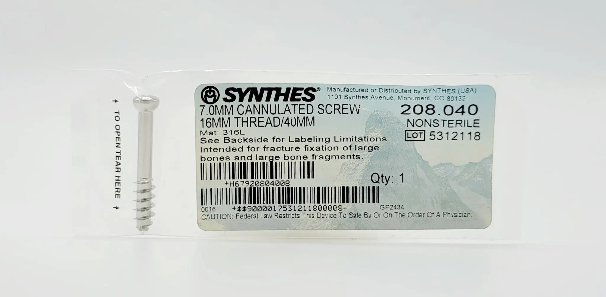 Synthes 208.040 7.0mm Cannulated Screw 16mm Thread 40mm - Image 2