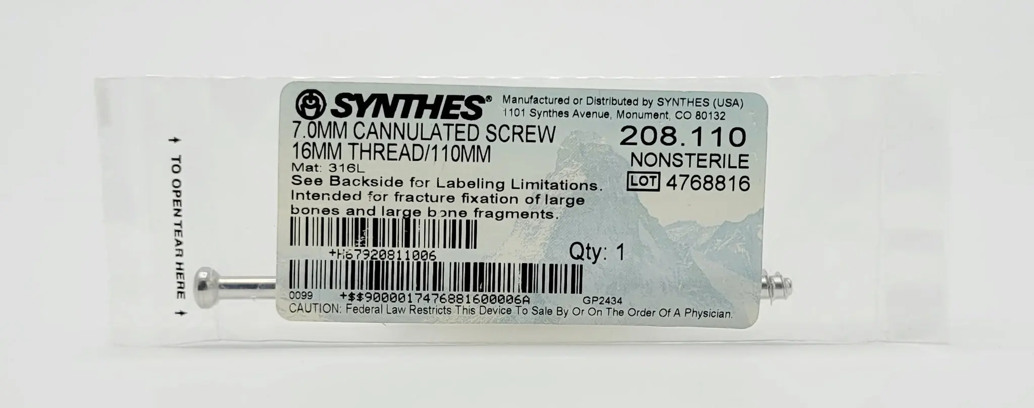 Synthes 208.110 7.0mm Cannulated Screw 16mm Thread 110mm - Image 2