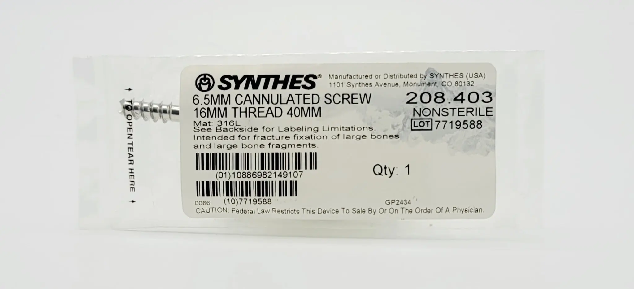 Synthes 208.403 6.5mm Cannulated Screw 16mm Thread 40mm - Image 2