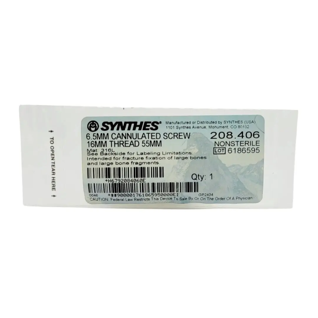 Synthes 208.406 6.5mm Cannulated Screw 16mm Thread 55mm