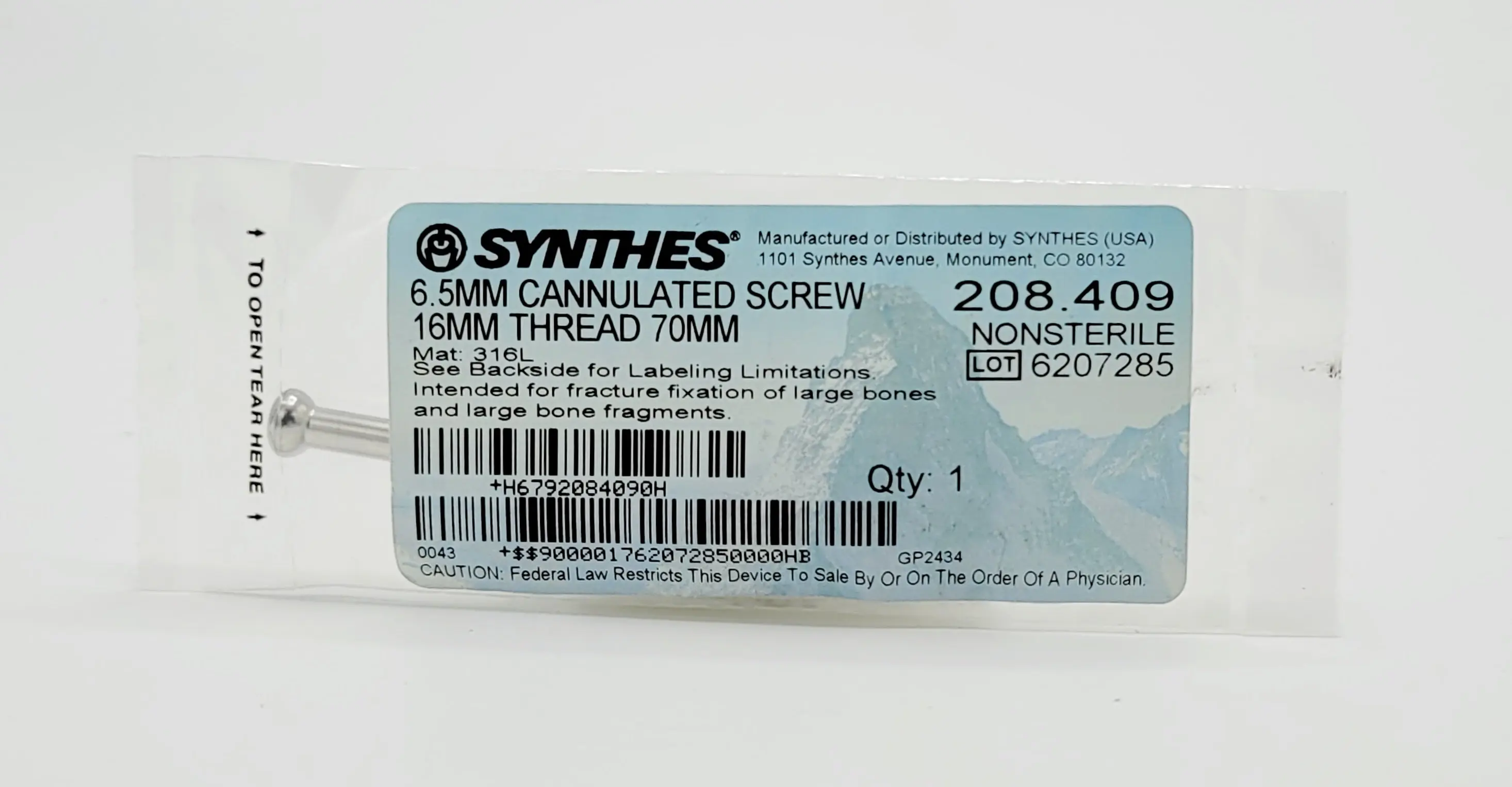 Synthes 208.409 6.5MM Cannulated Screw 16MM THREAD 70MM - Image 2