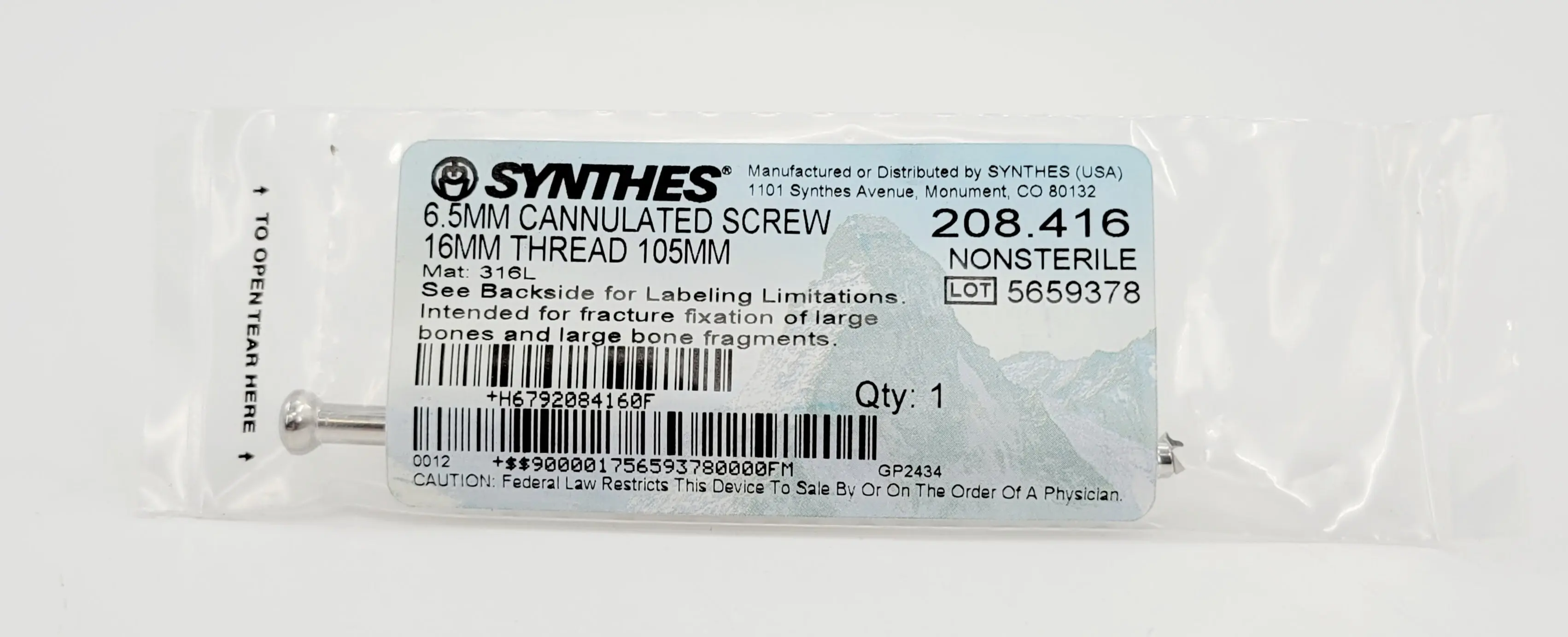 Synthes 208.416 6.5mm Cannulated Screw 16mm Thread 105mm - Image 2