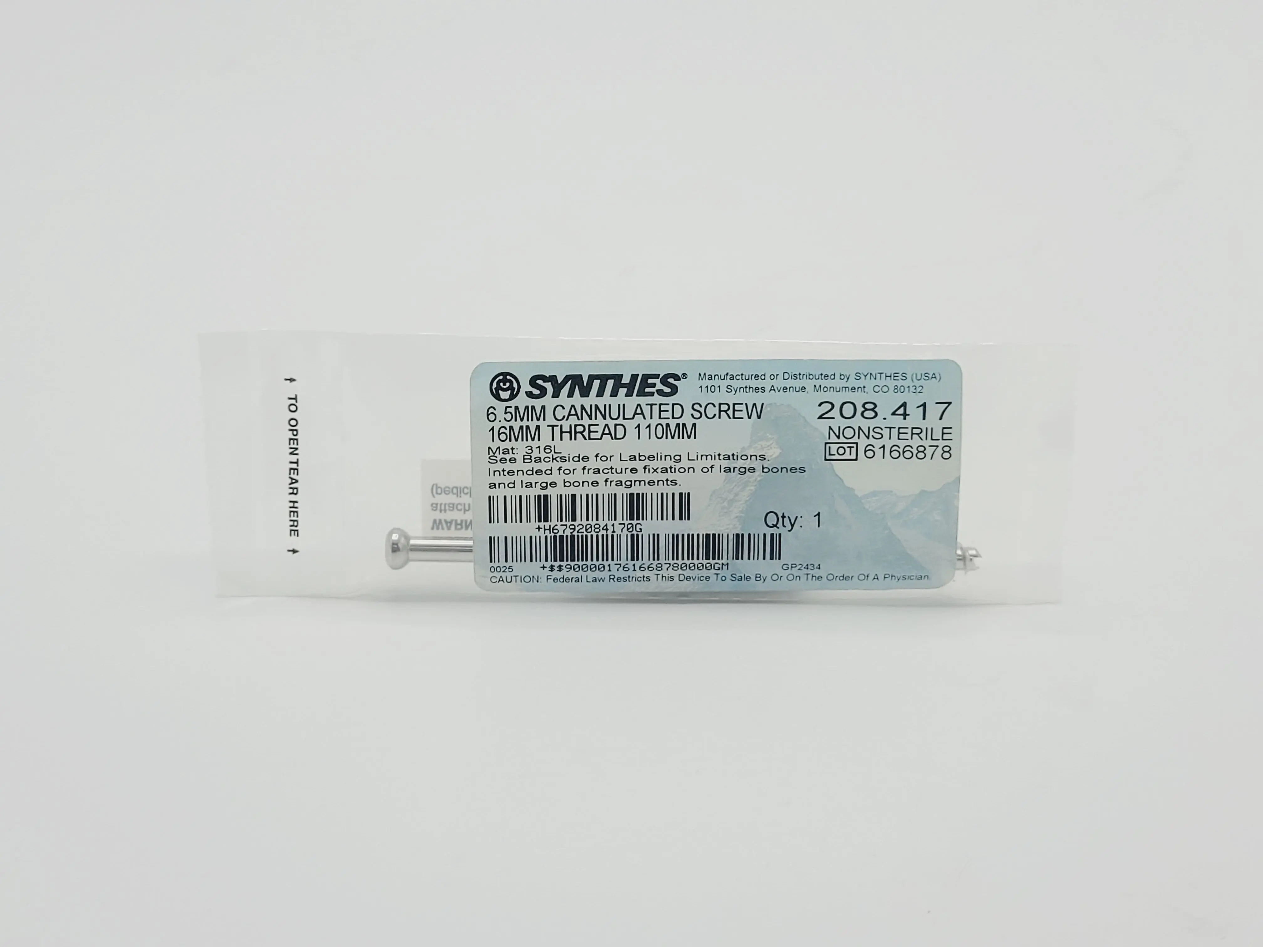 Synthes 208.417 6.5mm Cannulated Screw 16mm Thread 110mm - Image 2