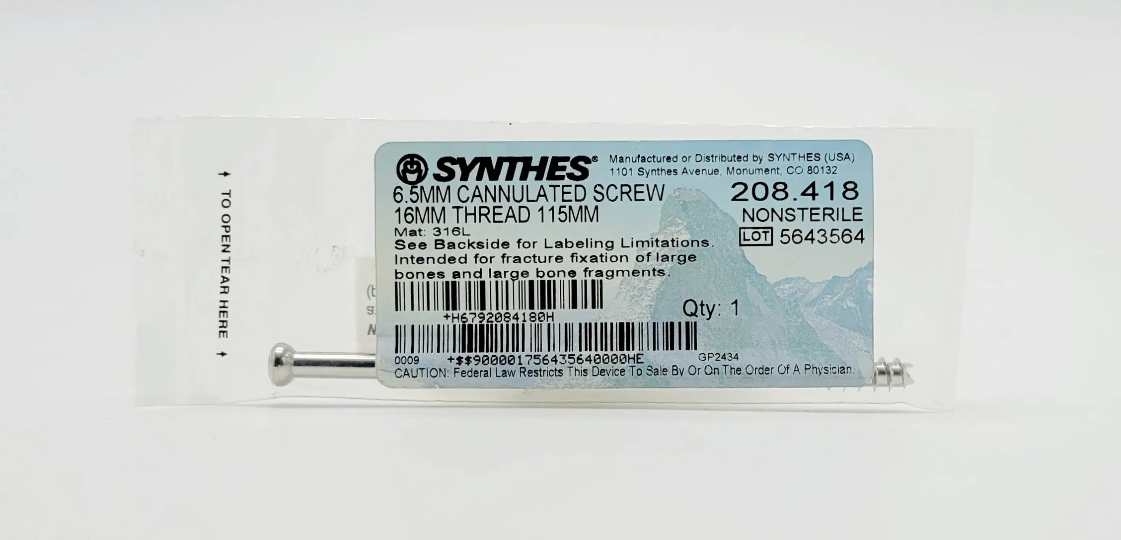 Synthes 208.418 6.5mm Cannulated Screw 16mm Thread 115mm - Image 2