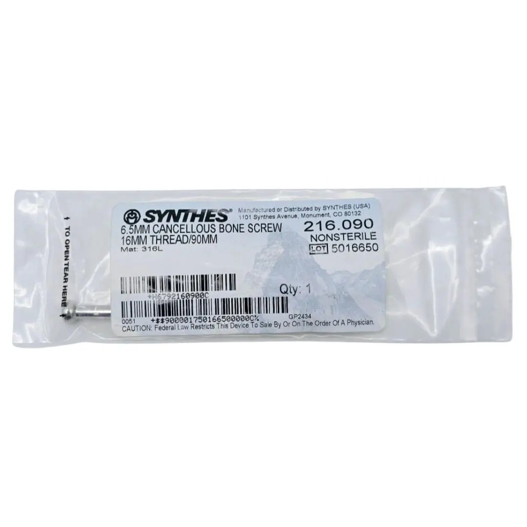 Synthes 216.090 6.5mm Cancellous Bone Screw 16mm Thread/90mm