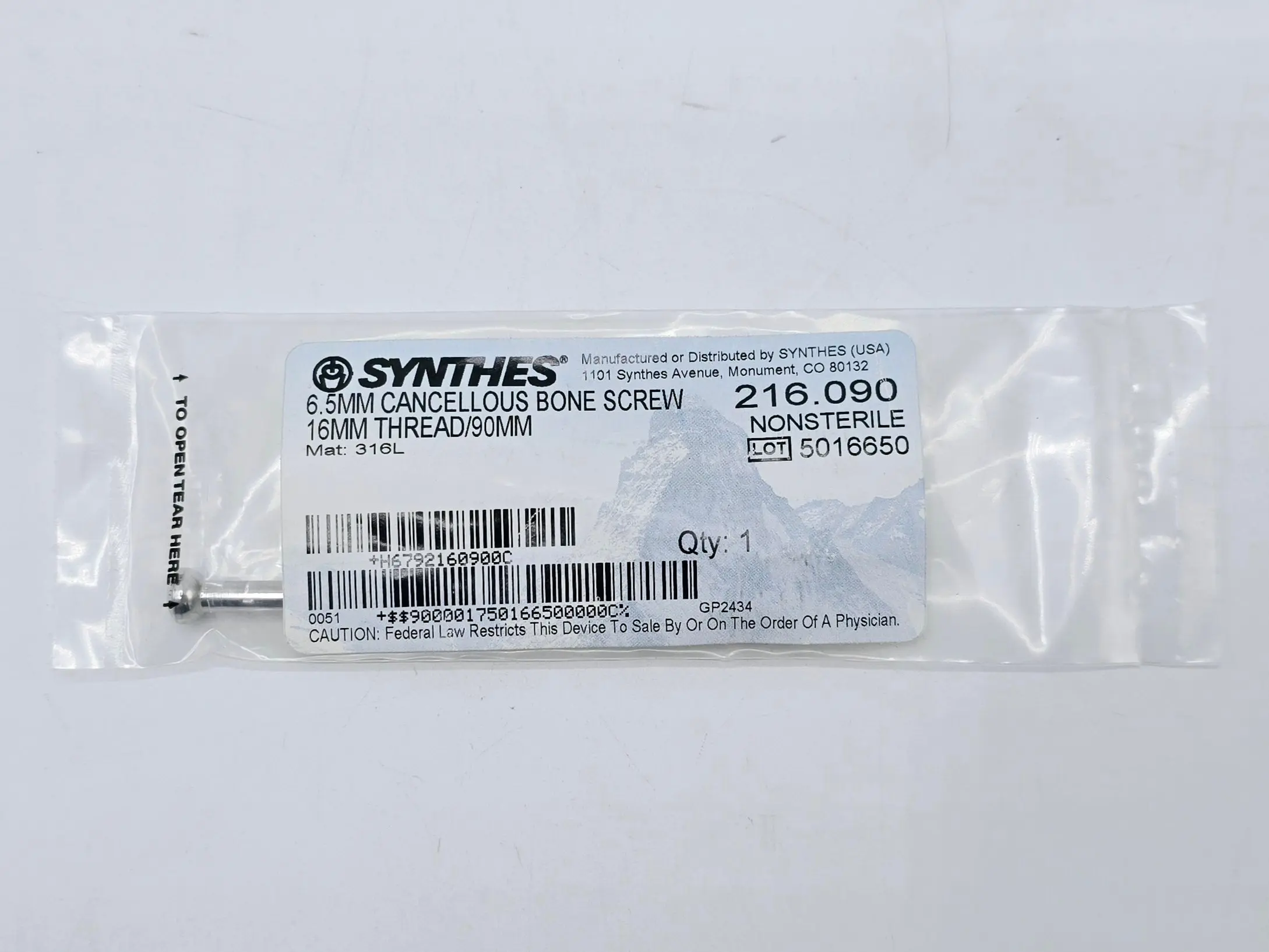 Synthes 216.090 6.5mm Cancellous Bone Screw 16mm Thread/90mm - Image 2