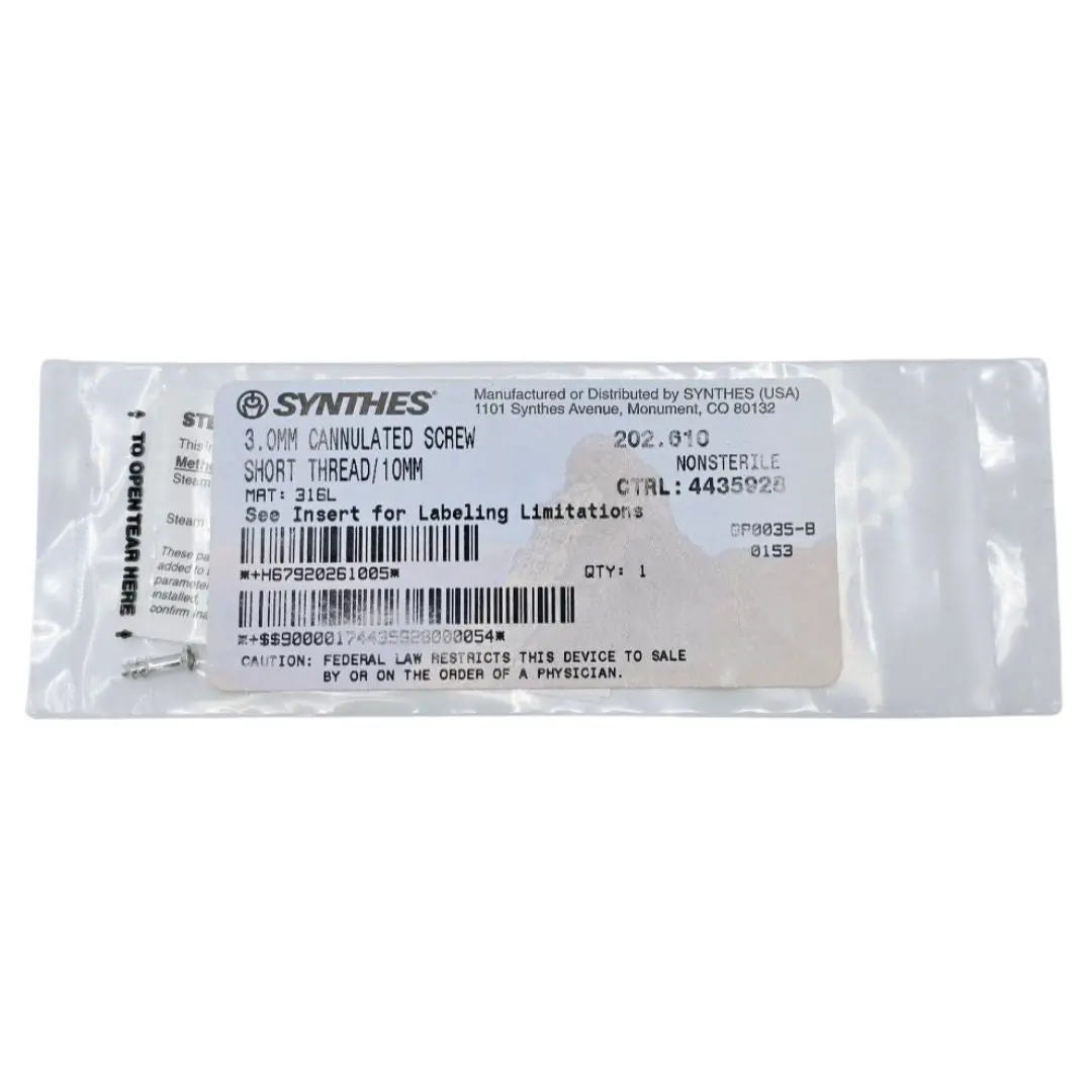 Synthes 202.610 3.0mm Cannulated Screw Short Thread/10mm