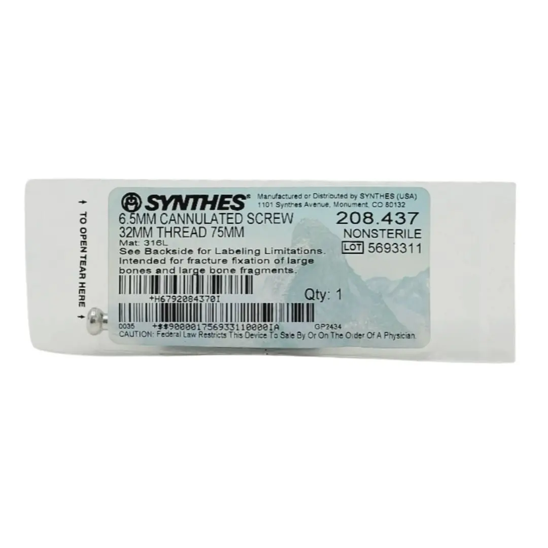 Synthes 208.437 6.5mm Cannulated Screw 32mm Thread 75mm