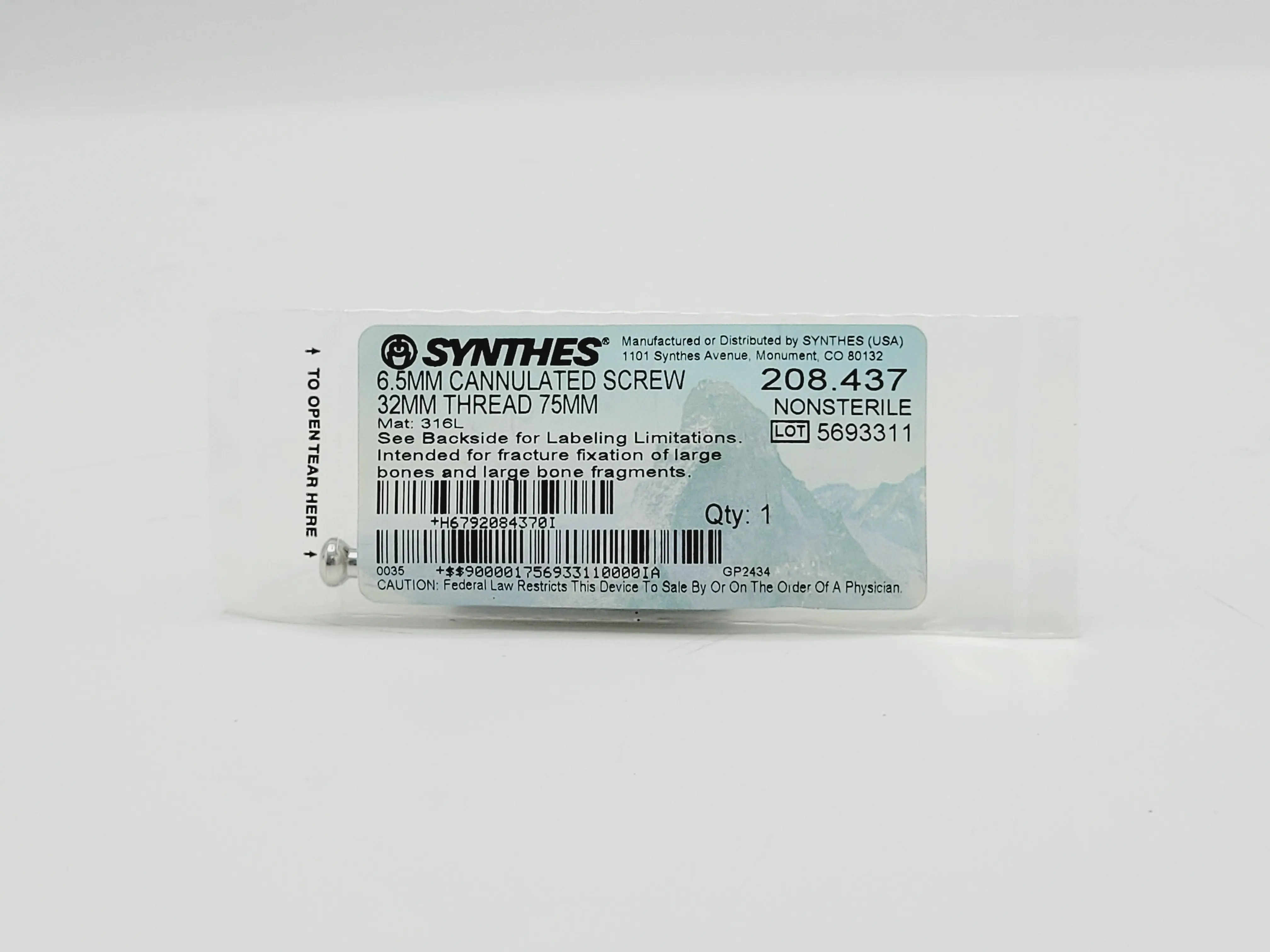 Synthes 208.437 6.5mm Cannulated Screw 32mm Thread 75mm - Image 2