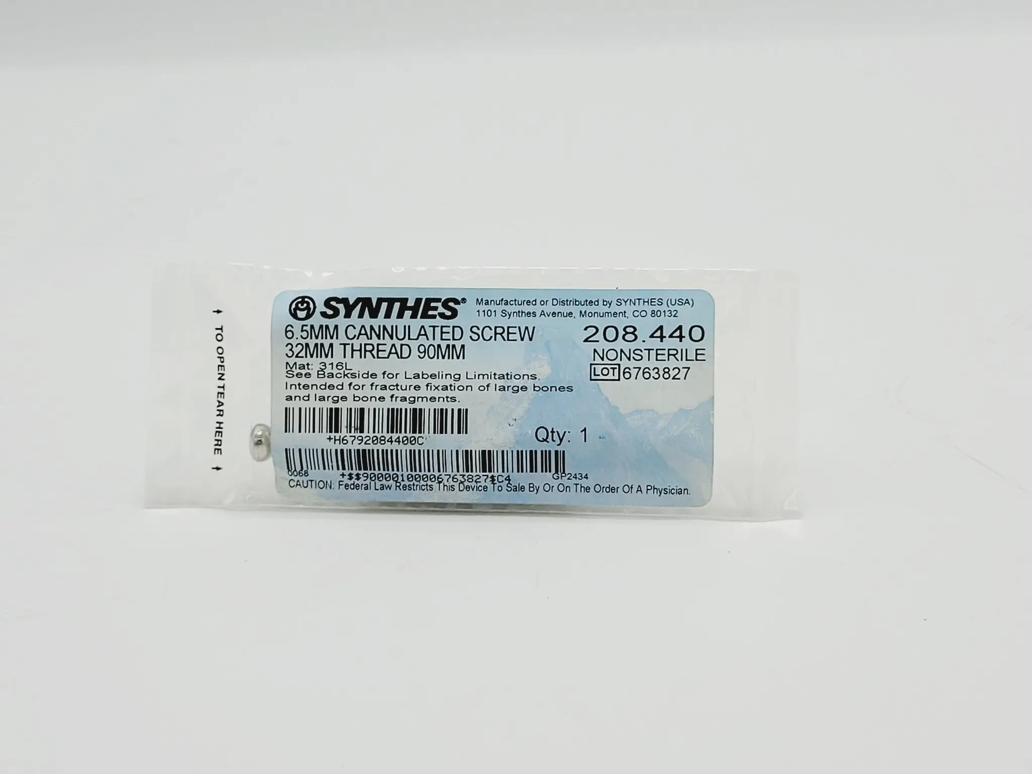 Synthes 208.440 6.5mm Cannulated Screw 32mm Thread 90mm - Image 2