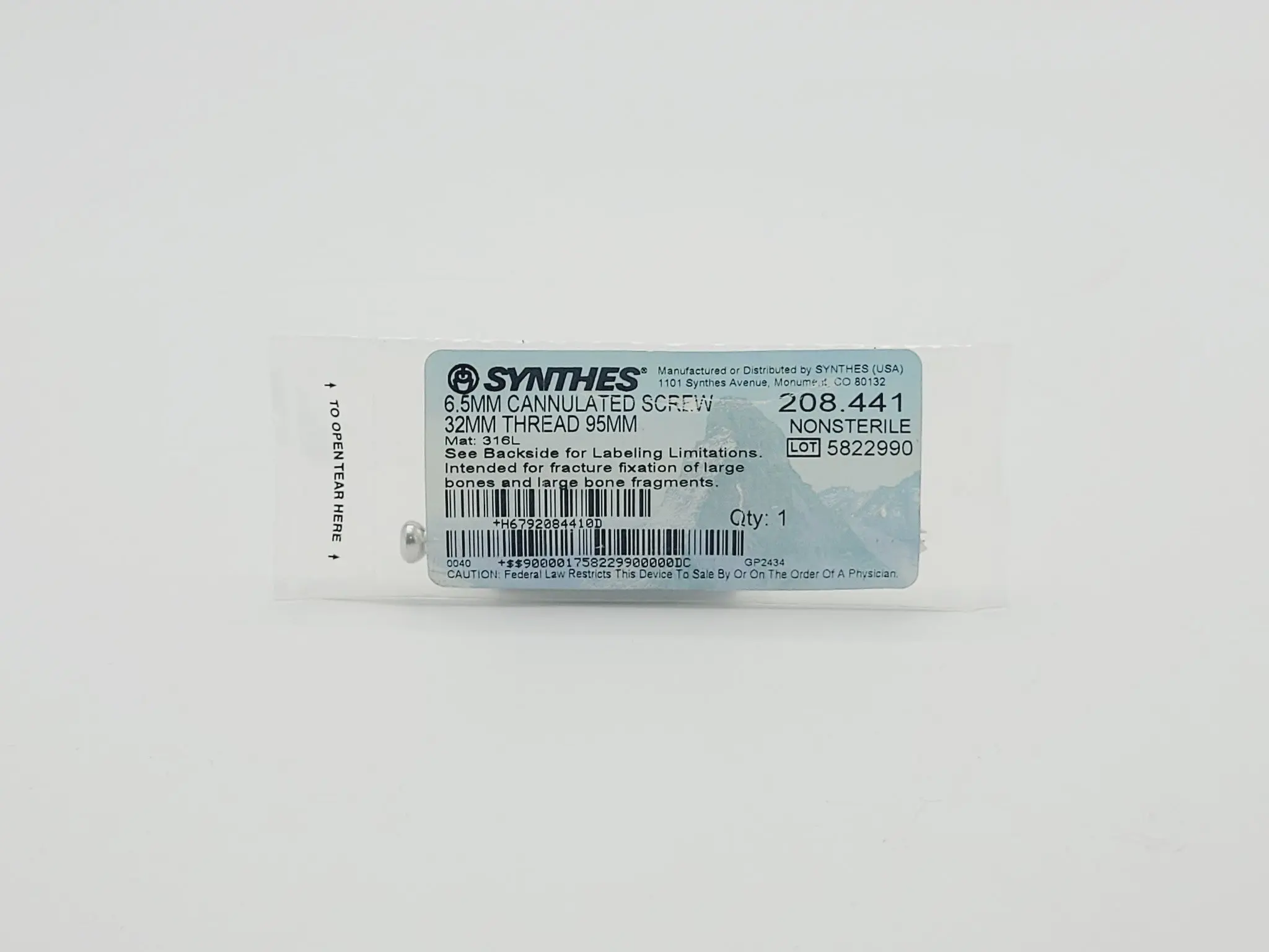 Synthes 208.441 6.5mm Cannulated Screw 32mm Thread 95mm - Image 2