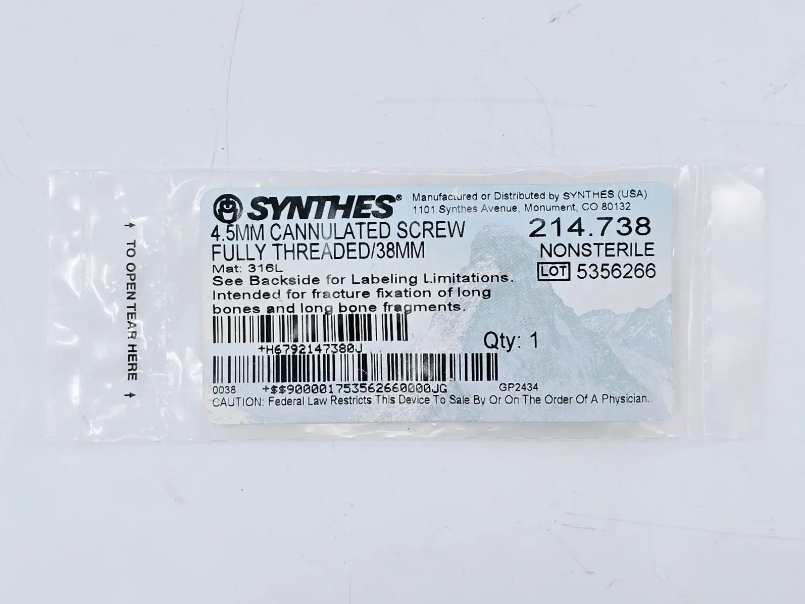 Synthes 214.738 4.5mm Cannulated Screw Fully Threaded/38mm - Image 2