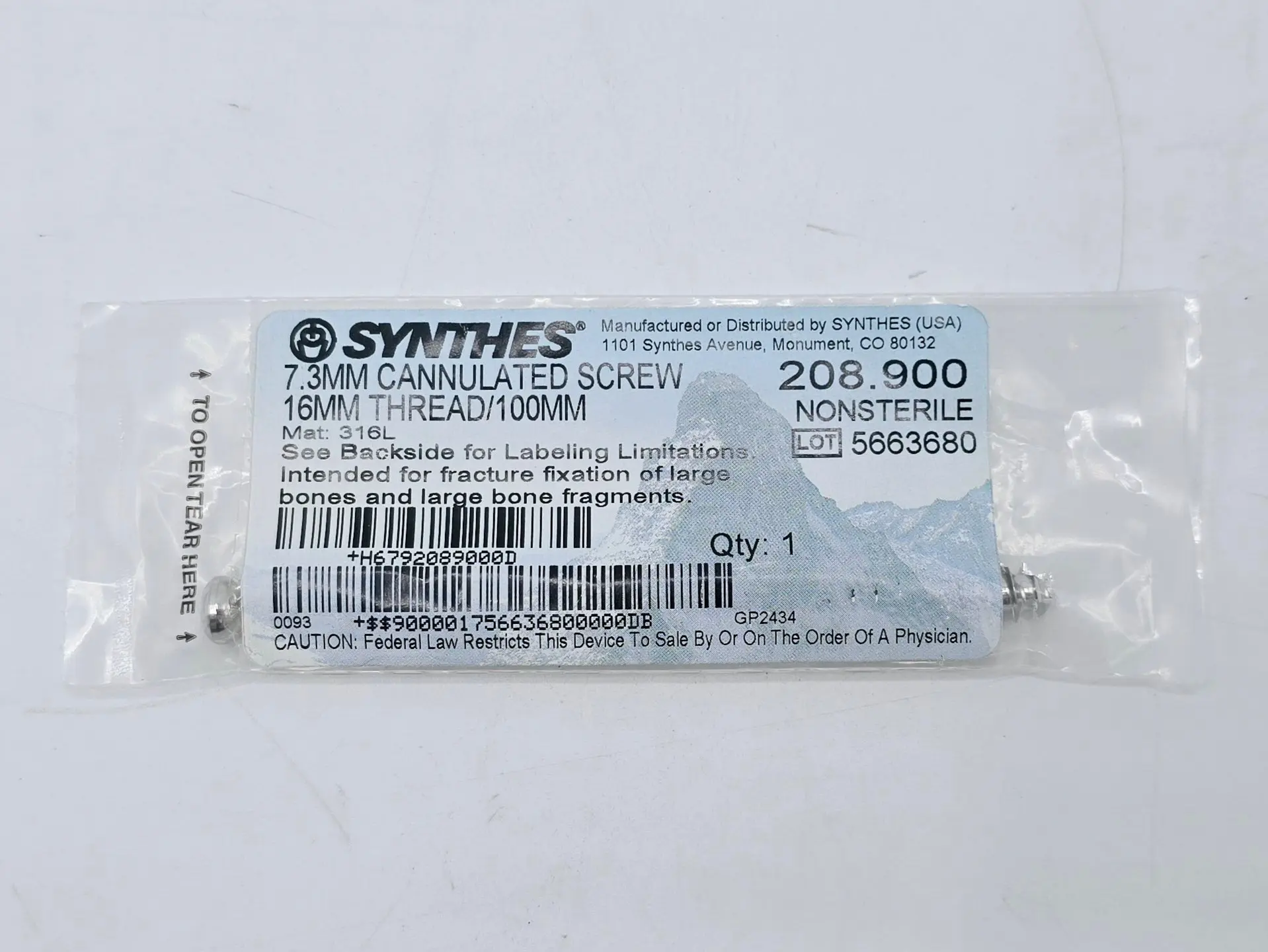 Synthes 208.900 7.3mm Cannulated Screw 16mm Thread/100mm - Image 2