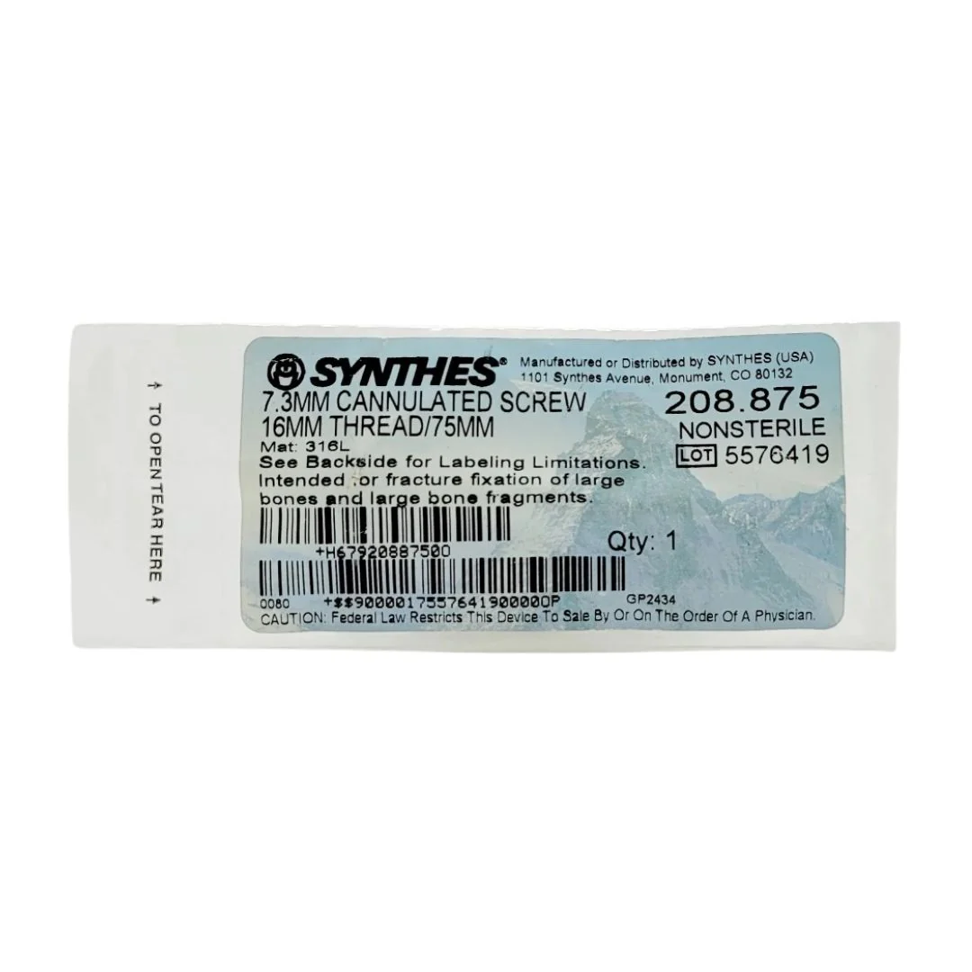 Synthes 208.875 7.3mm Cannulated Screw 16mm Thread/75mm