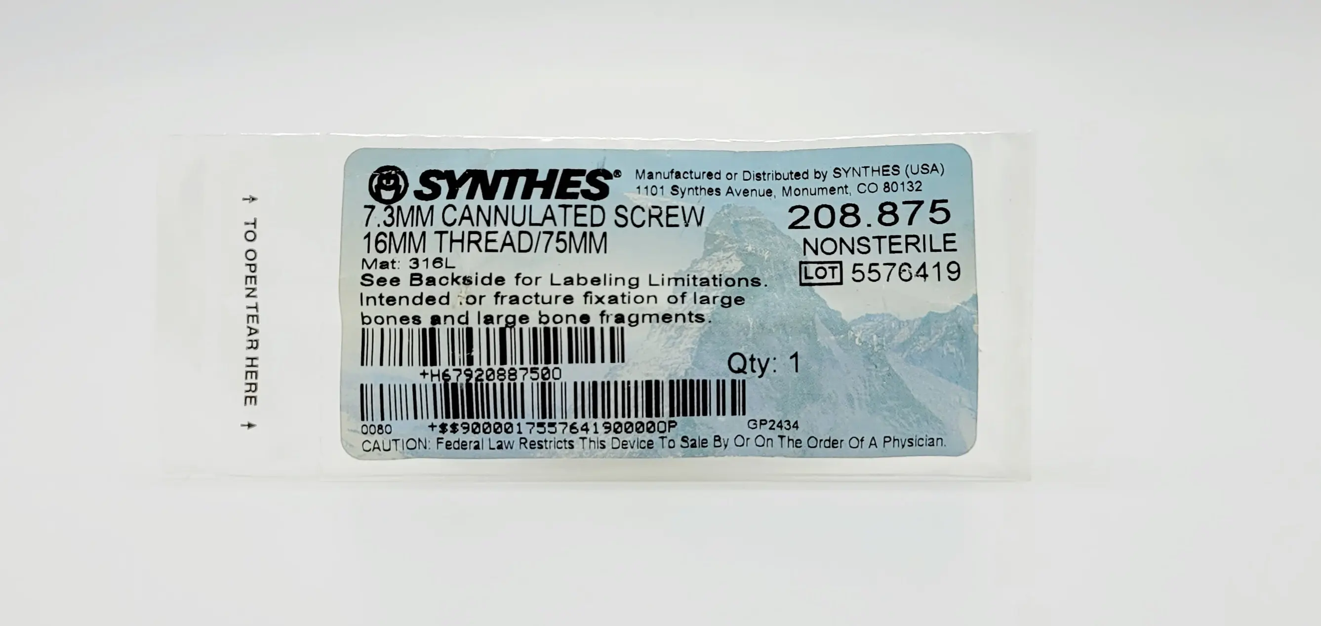 Synthes 208.875 7.3mm Cannulated Screw 16mm Thread/75mm - Image 2