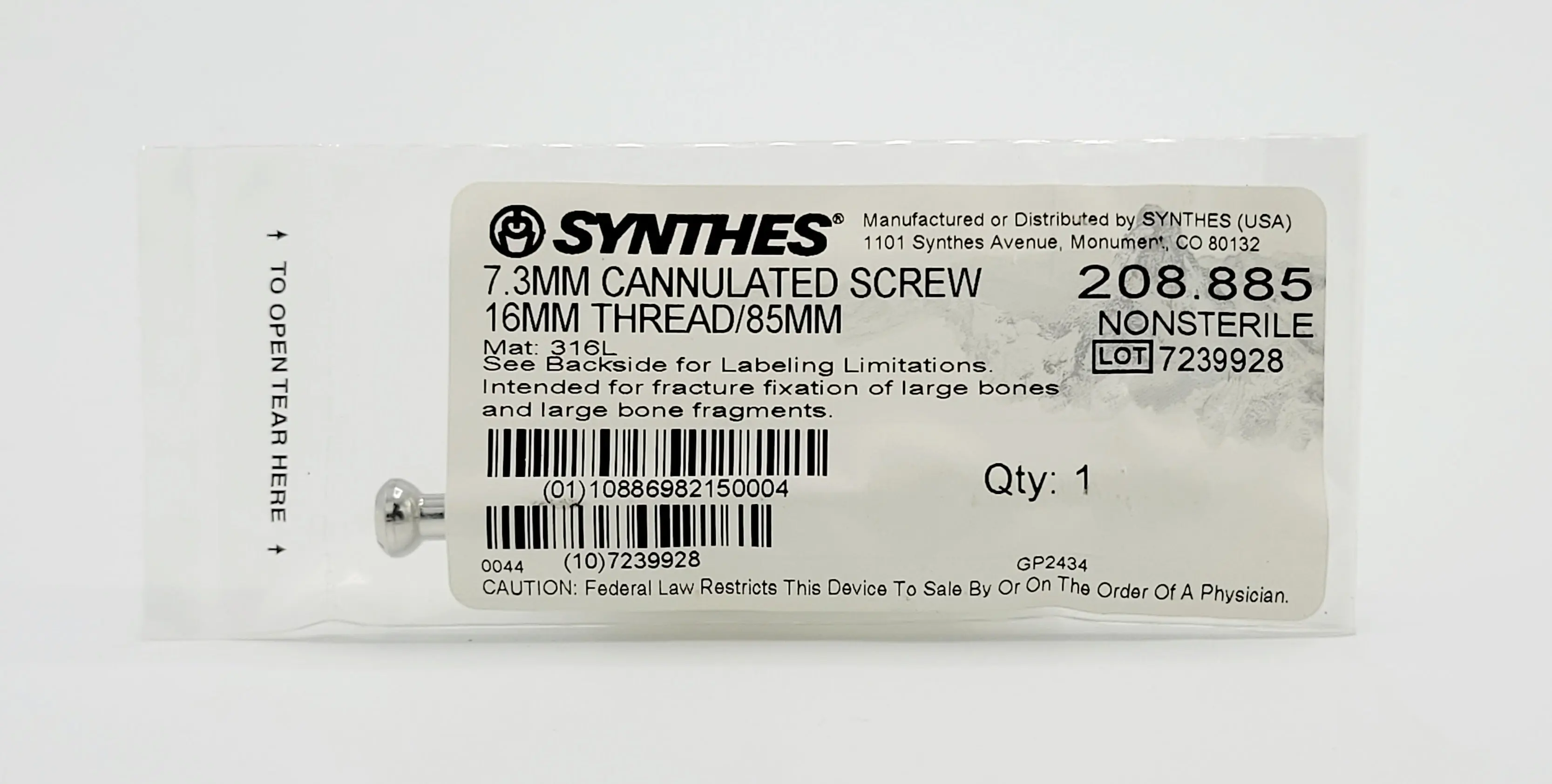 Synthes 208.885 7.3mm Cannulated Screw 16mm Thread 85mm - Image 2