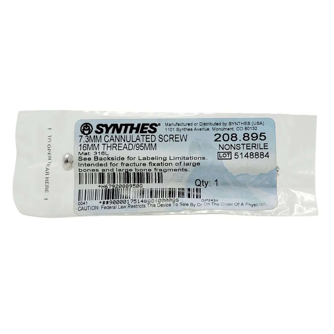 Synthes 208.895 7.3mm Cannulated Screw 16mm Threaded 95mm