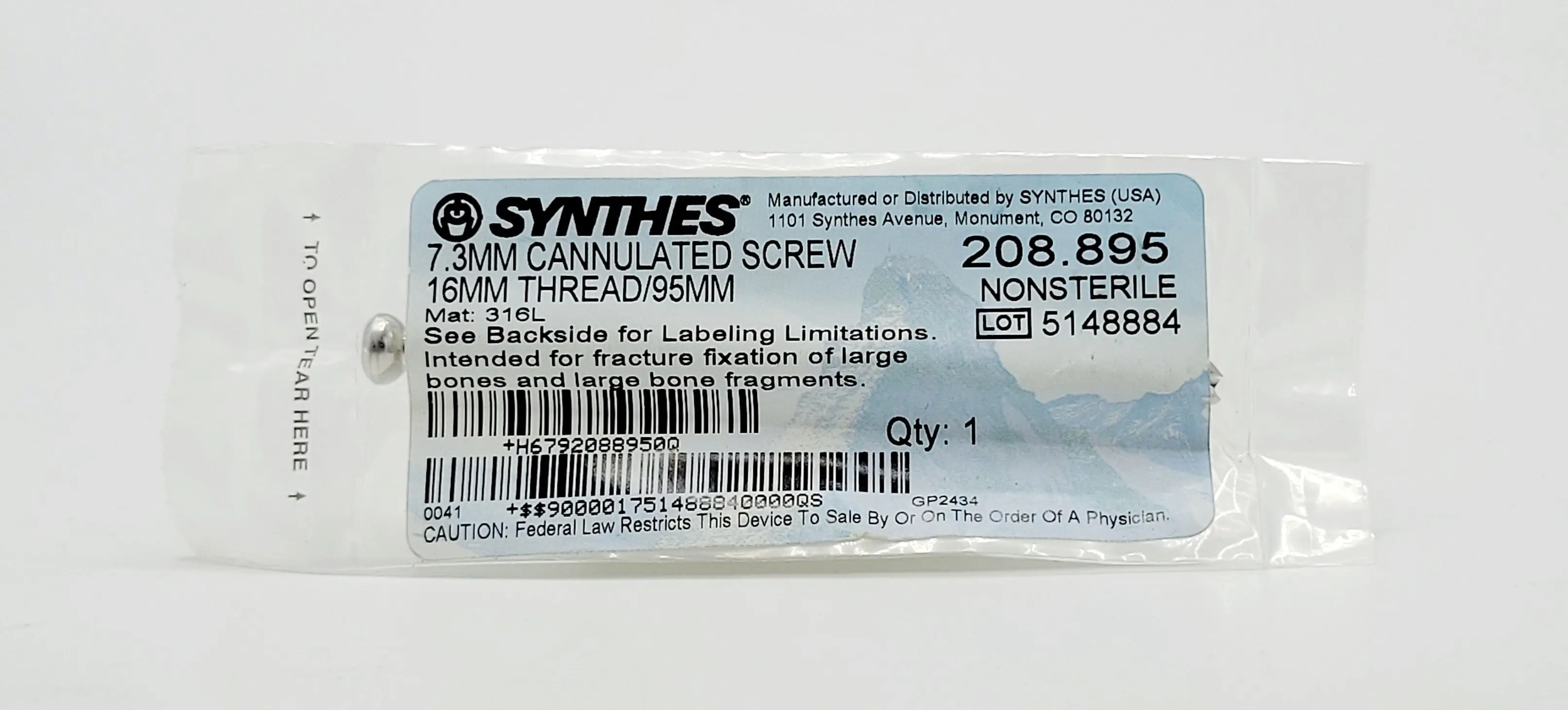 Synthes 208.895 7.3mm Cannulated Screw 16mm Threaded 95mm - Image 2