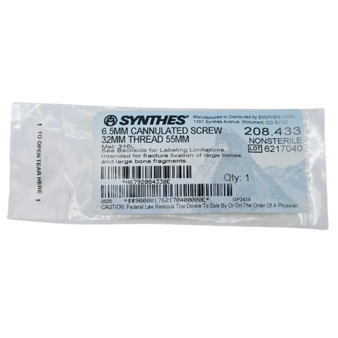 Synthes 208.433 6.5mm Cannulated Screw 32mm Thread 55mm