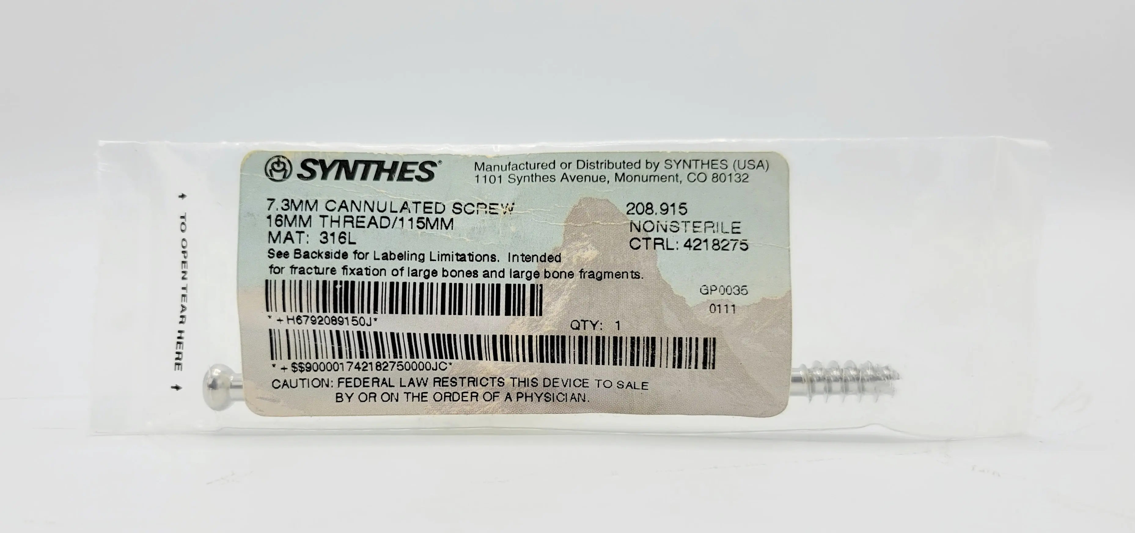 Synthes 208.915 7.3mm Cannulated Screw 16mm Thread/115mm - Image 2