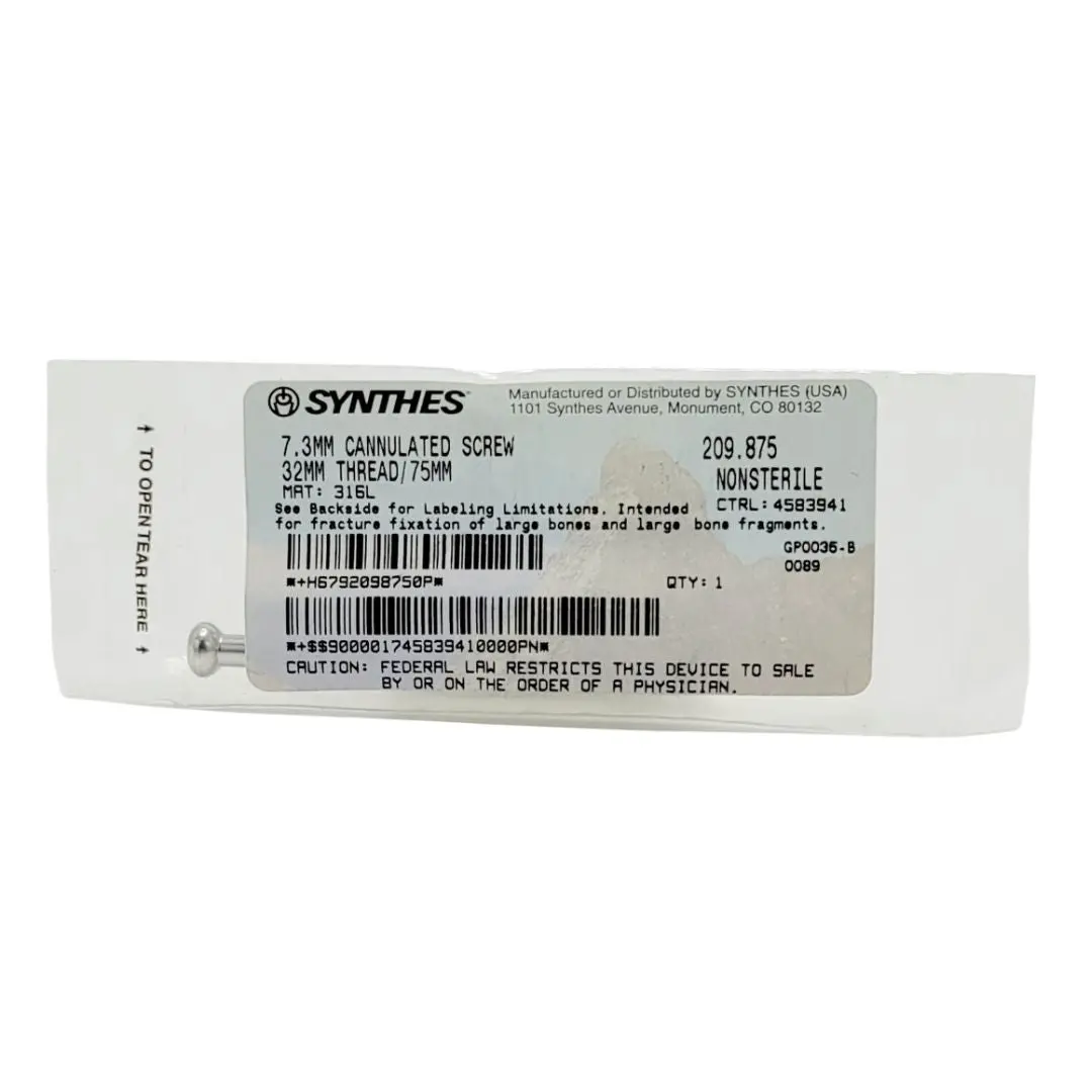 Synthes 209.875 7.3mm Cannulated Screw 32mm Thread 75mm