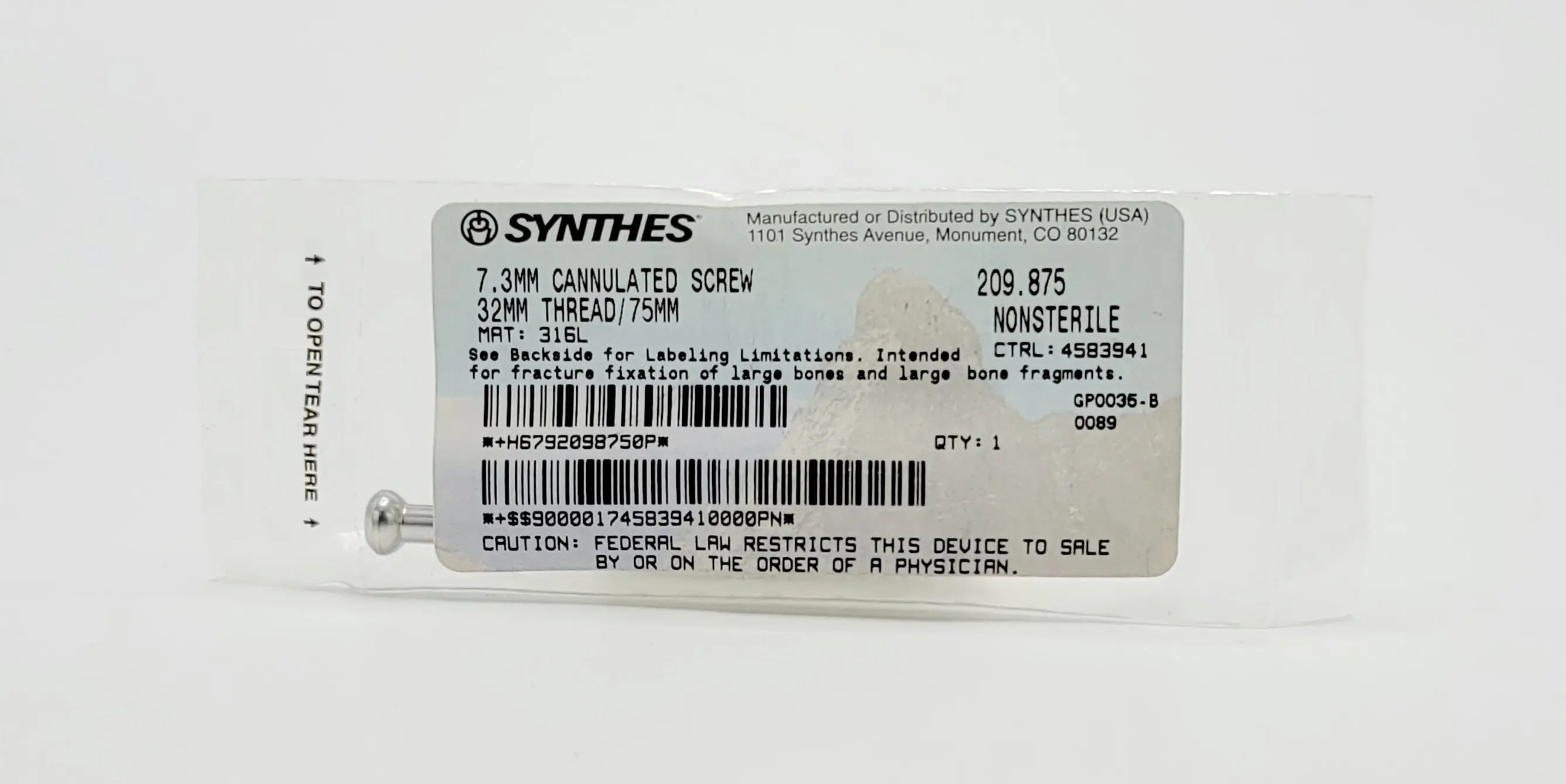 Synthes 209.875 7.3mm Cannulated Screw 32mm Thread 75mm - Image 2
