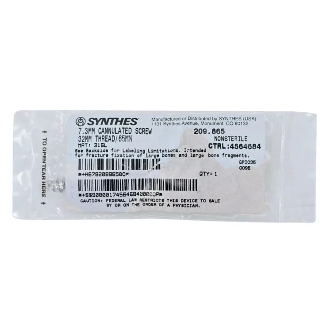 Synthes 209.865 7.3mm Cannulated Screw 32mm Thread/65mm