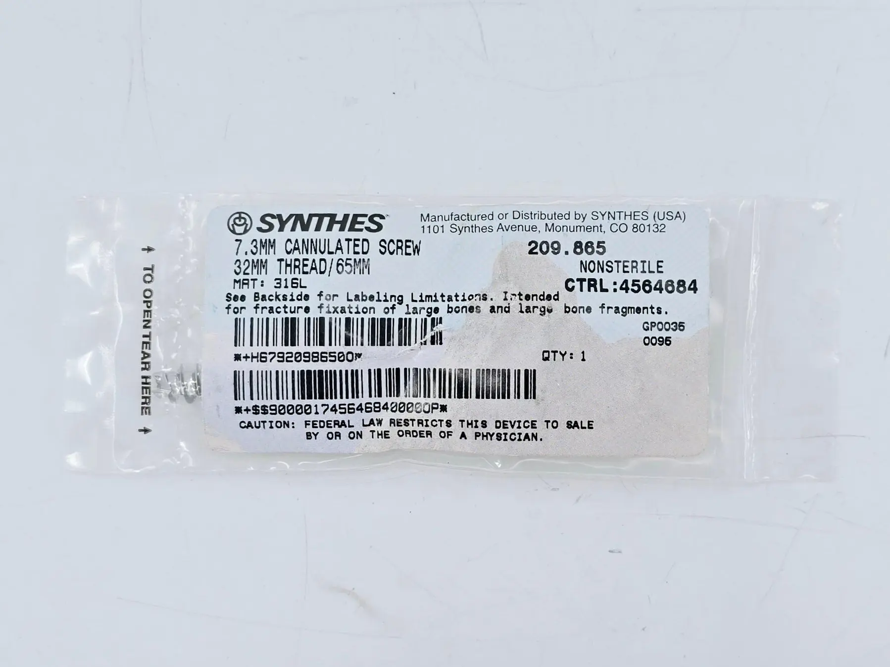 Synthes 209.865 7.3mm Cannulated Screw 32mm Thread/65mm - Image 2