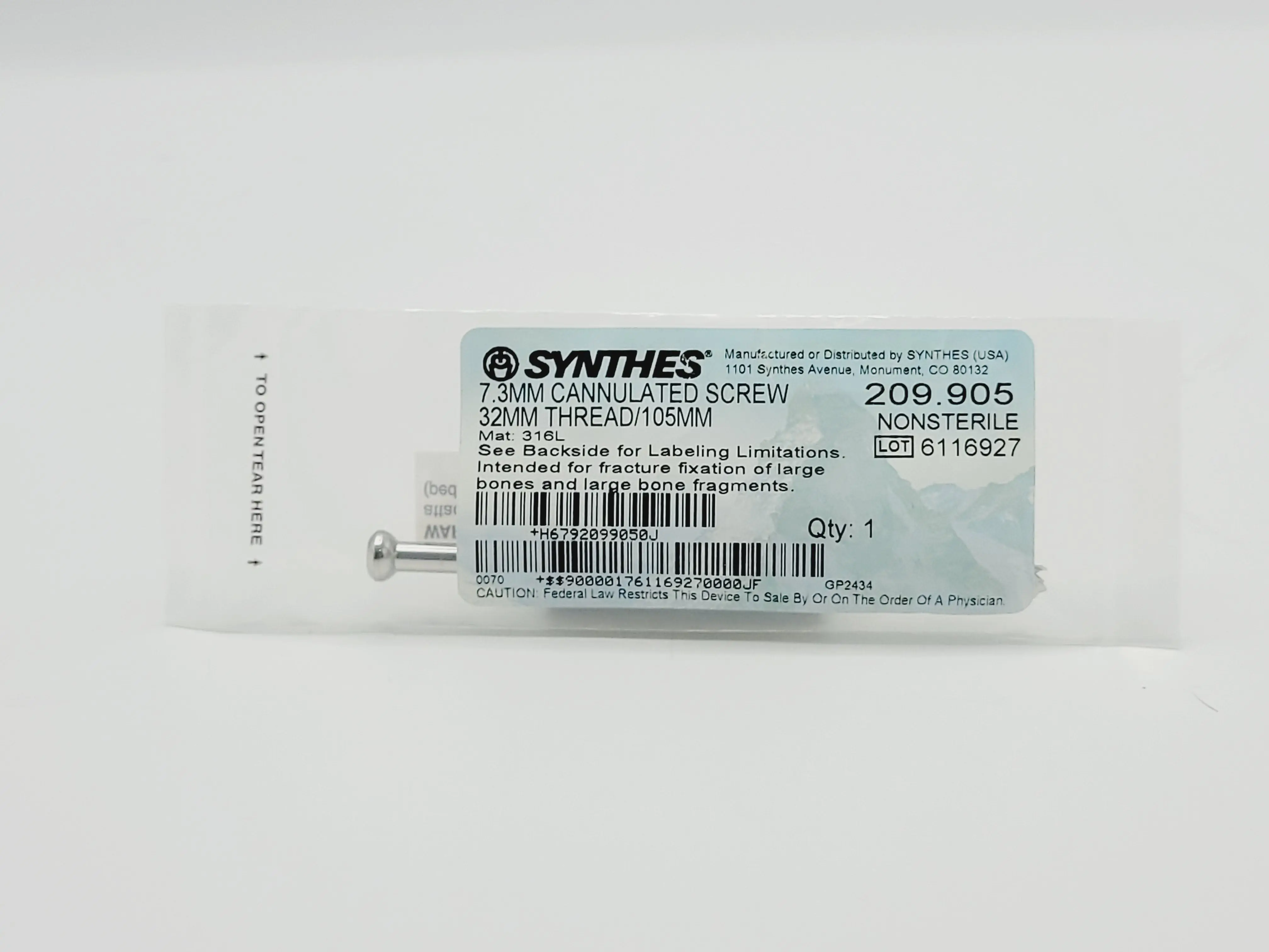 Synthes 209.905 7.3mm Cannulated Screw 32mm Thread/105mm - Image 2