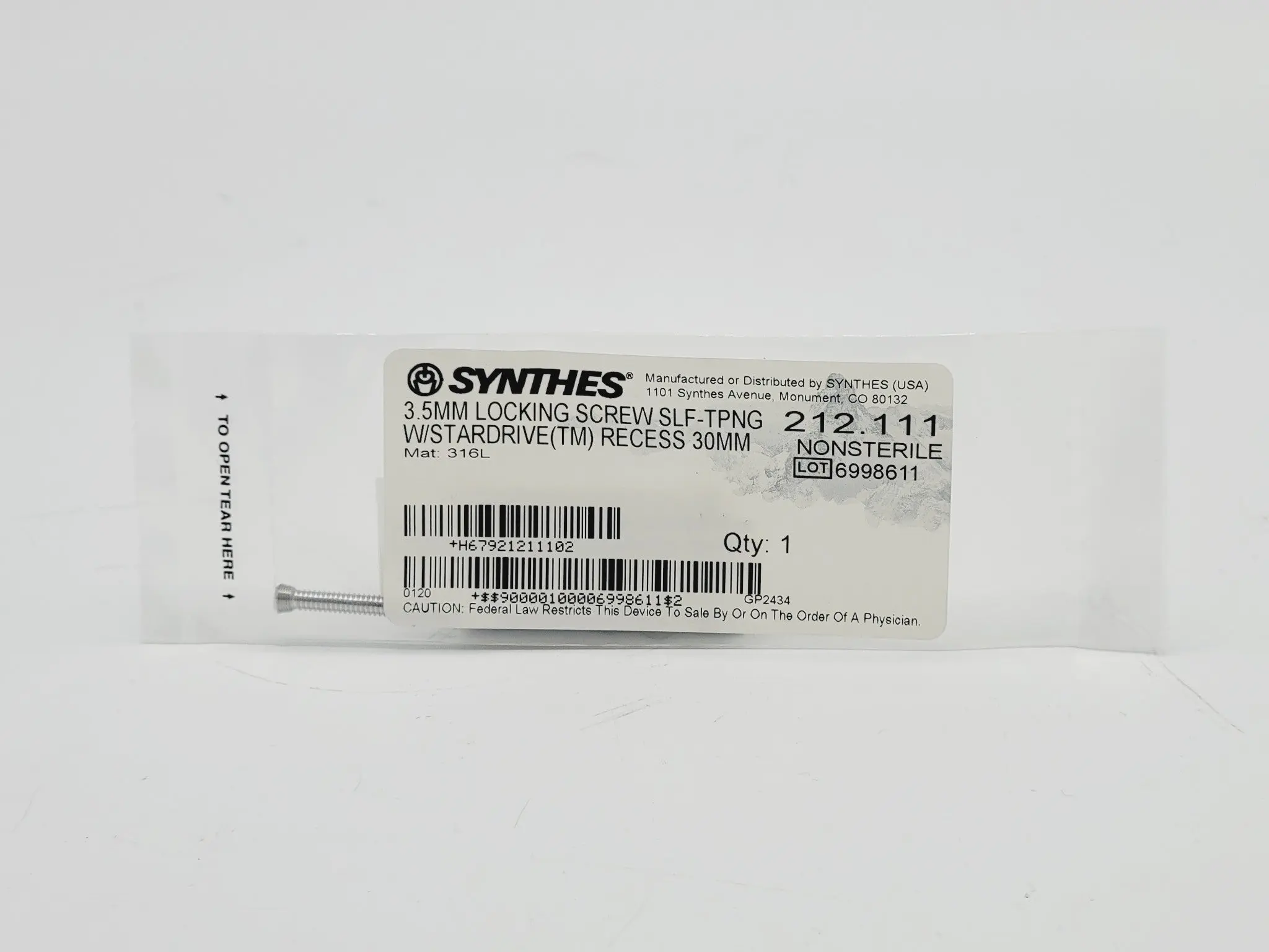Synthes 212.111 3.5mm Locking Screw Self-Tapping w/ Stardrive (TM) Recess 30mm - Image 2