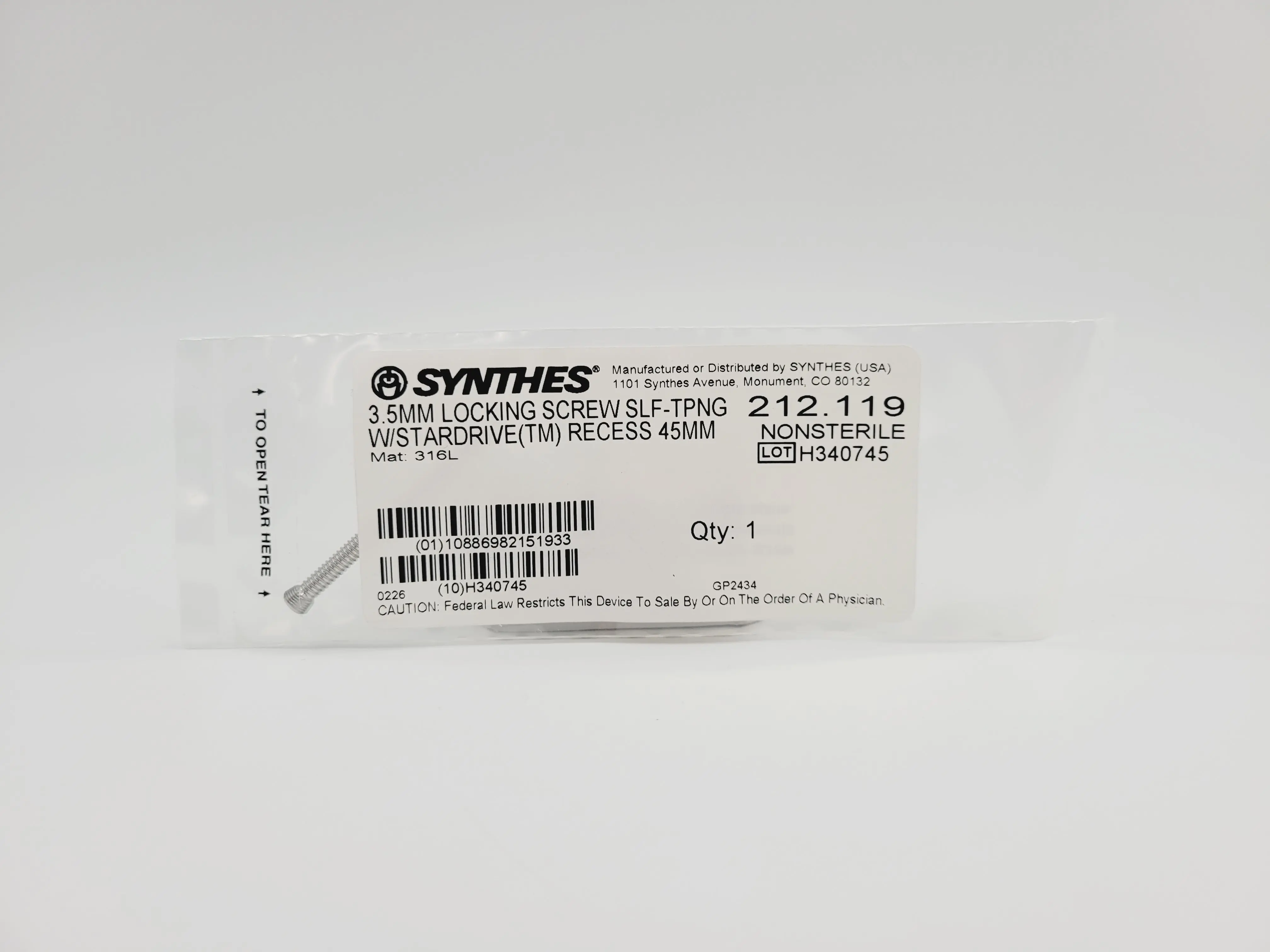 Synthes 212.119 3.5mm locking screw self-tapping with stardrive recess 45mm orthopedic hardware - Image 2