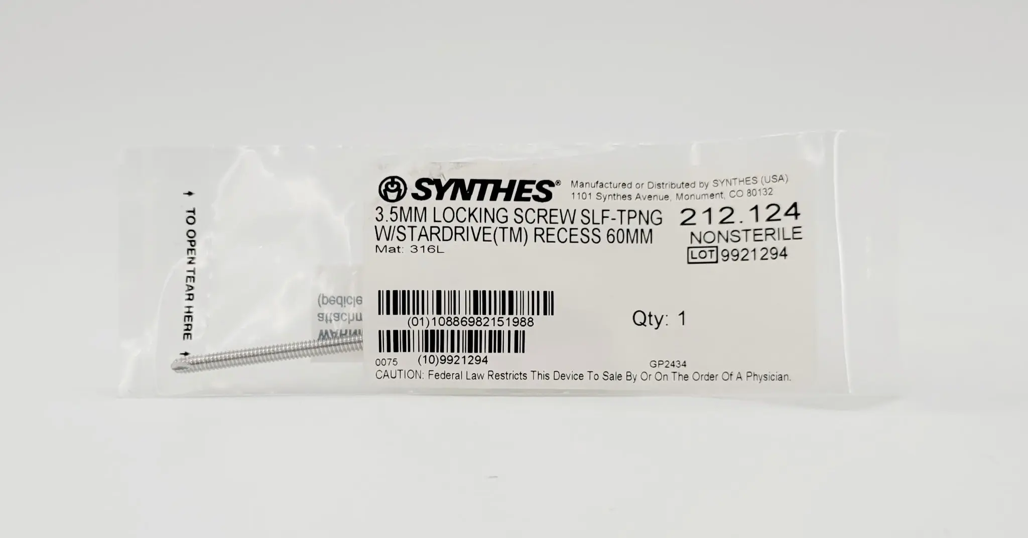 Synthes 212.124 3.5mm Locking Screw Self-Tapping w/ Stardrive (TM) Recess 60mm - Image 2