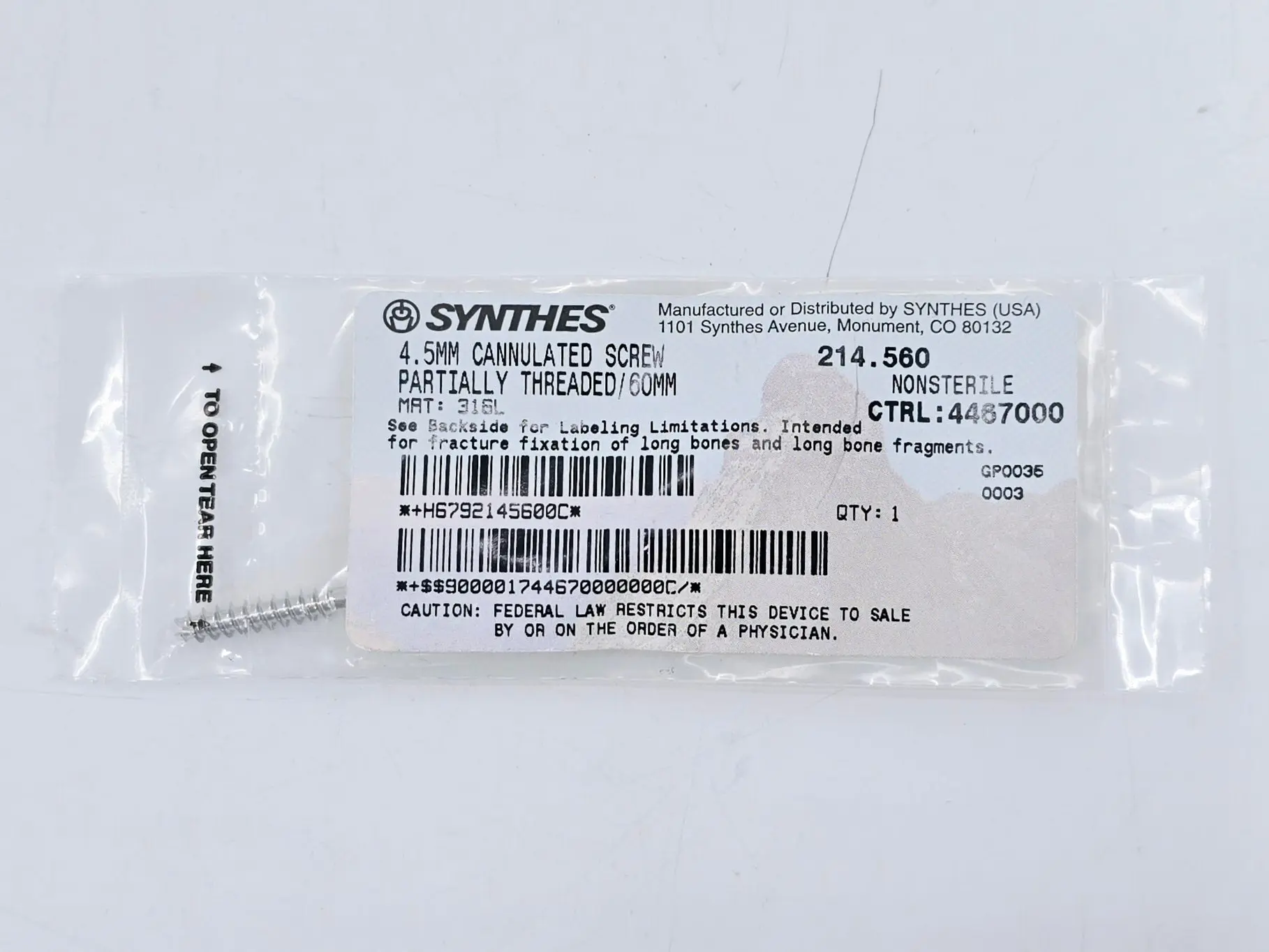 Synthes 214.560 4.5mm Cannulated Screw Partially Threaded/60mm - Image 2