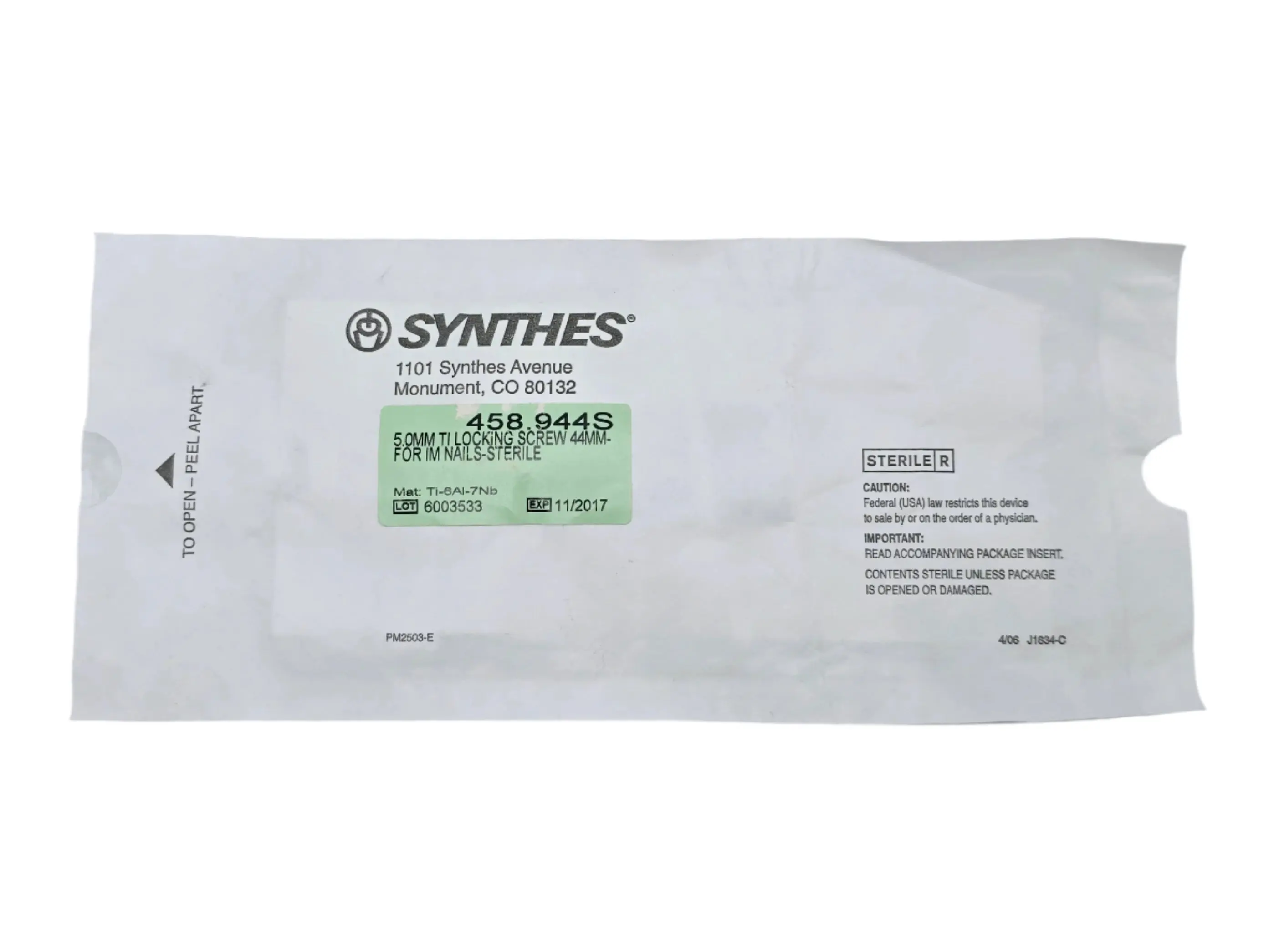 Synthes 458.944S 5.0mm TI Locking Screw 44mm for IM Nails